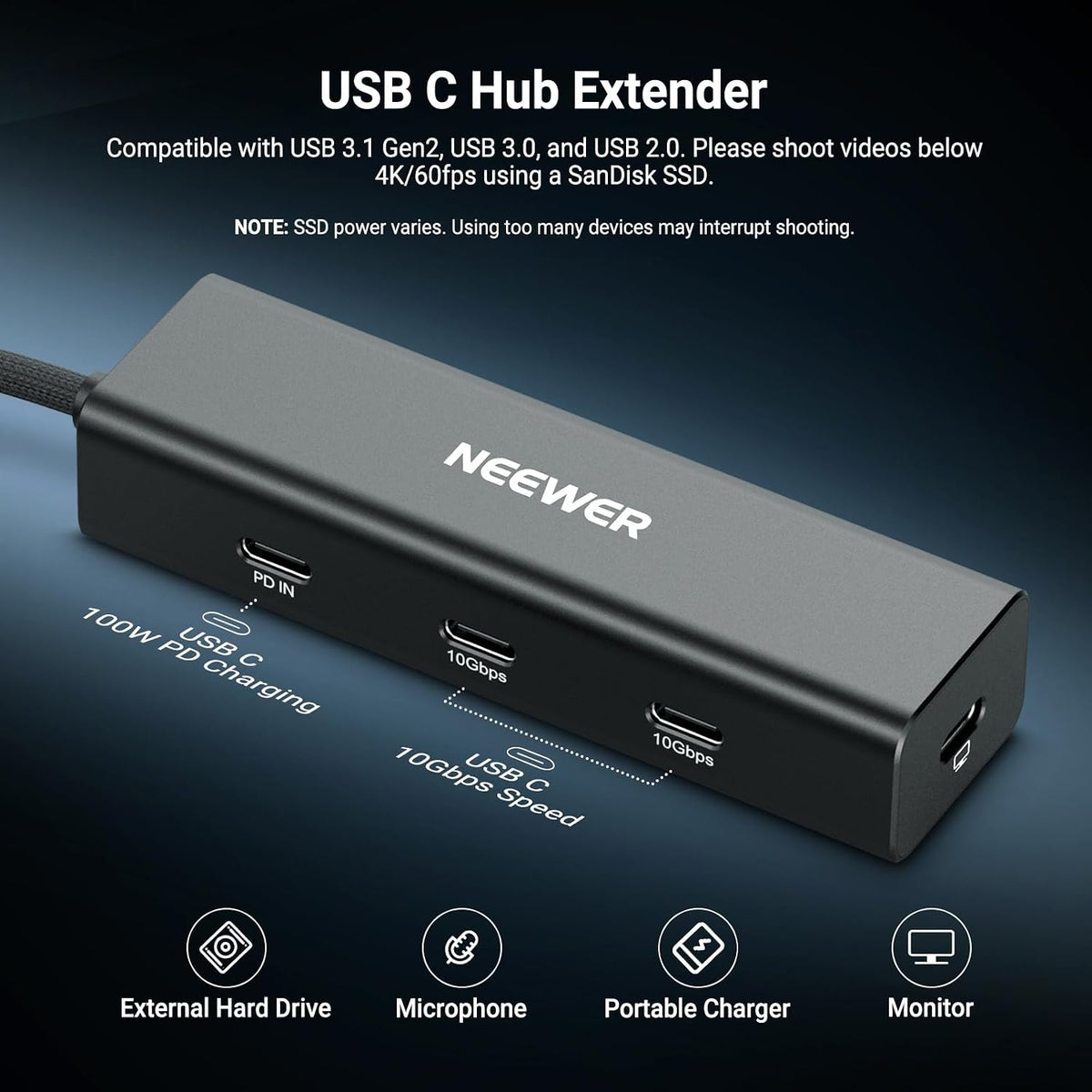 NEEWER USB C Hub Dock with Cold Shoe Mount, 4 in 1 USB 3.1 Gen2 Extender Multiport Adapter Dongle 100W PD Charging 10Gbps 4K 60Hz Compatible with iPhone iPad Mac Android Laptop Field Monitor, PS030E