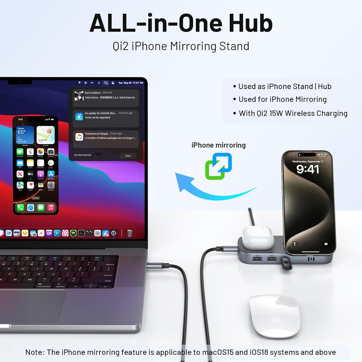 Selore USB C Hub with Wireless Charging for MacBook: 4K@60Hz HDMI, 100W PD, 15W Qi2 + 5W Wireless, 10Gbps Ports, iPhone Mirroring Docking Station & Magsafe Stand, Space-Saving Desk Organizer