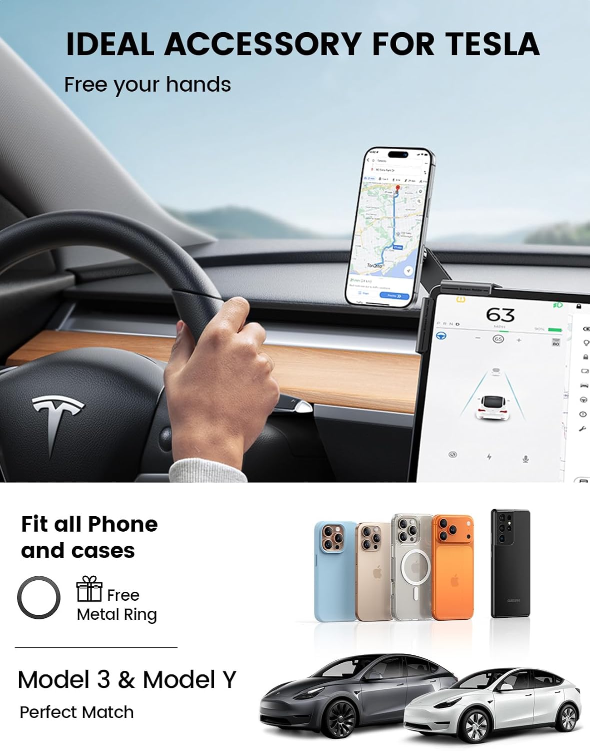Lamicall Magnetic Phone Holder for Tesla Model 3 and Y Strongest N55 Magnet | No Adhesive for Tesla Phone Mount, One-click Lock Adjustable for Magsafe Car Mount fit iPhone 17 16 15 14 Pro Max All Phones