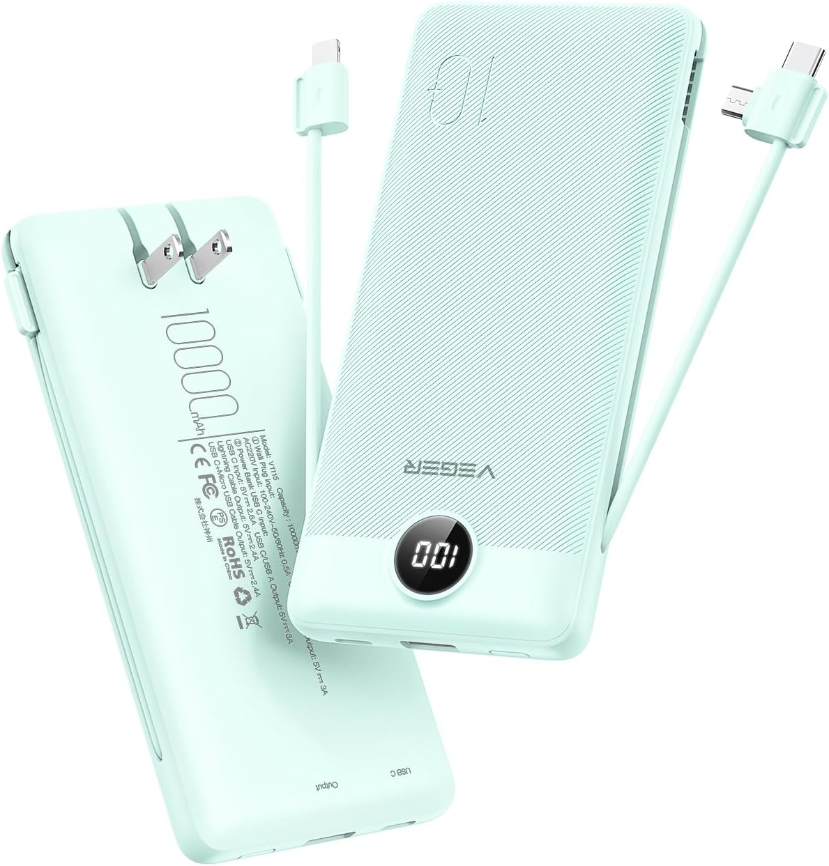 VEGER Power Bank, Travel Portable Charger Built in Wall Plug and Cable | 10000mAh,Ultra Slim&Compact,5 Outputs,LED Display,Flight-Safe,Travel Essentials Battery Pack for iPhone 17,iPad, Samsung,etc