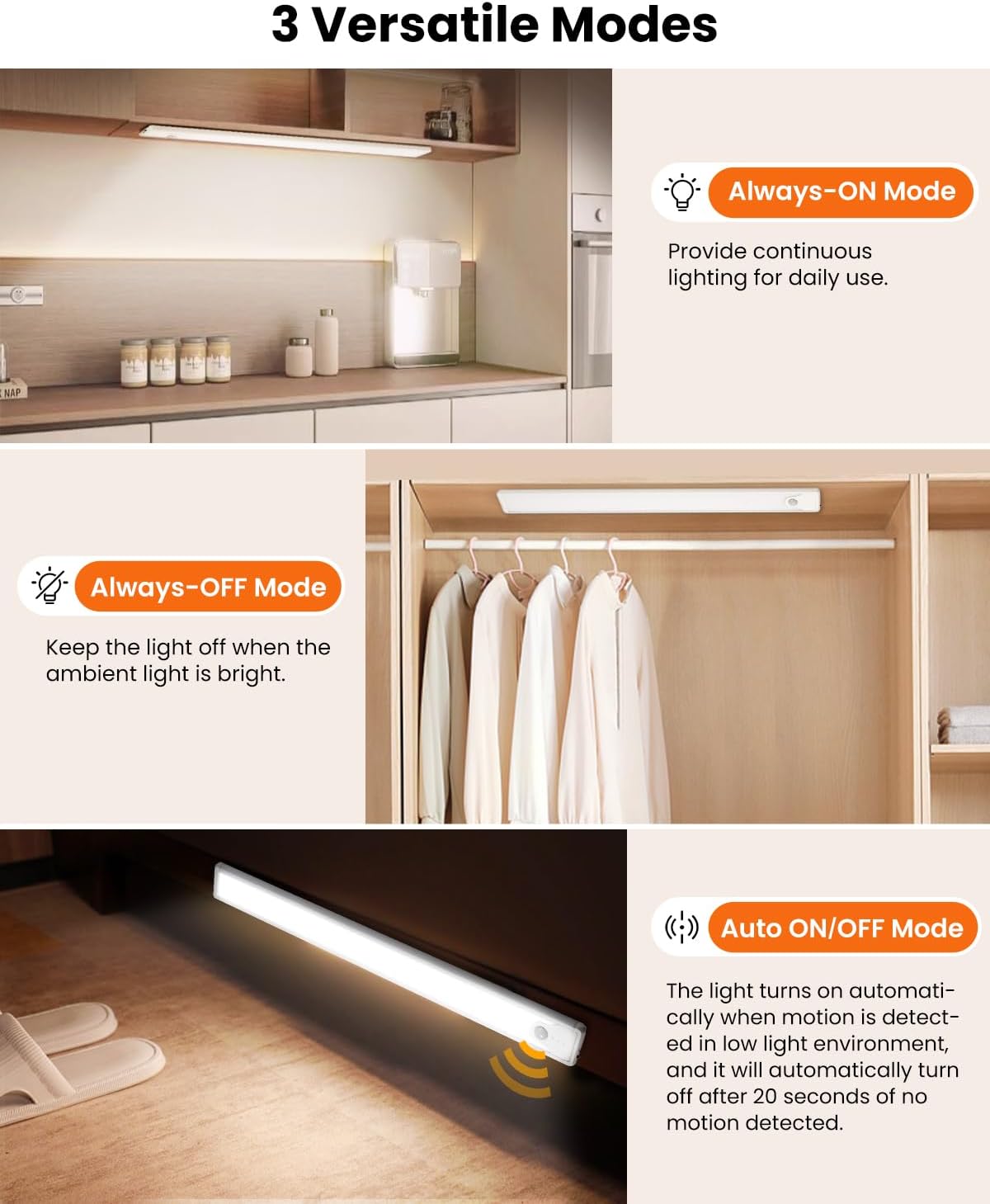16 Inch Under Cabinet Lights, 83 LED Rechargeable Magnetic Motion Sensor Light Indoor, Brightness Dimmable 6500K Stepless Dimming Closet Light, for Under Counter, Kitchen, Stairs, Closet, 2 Packs
