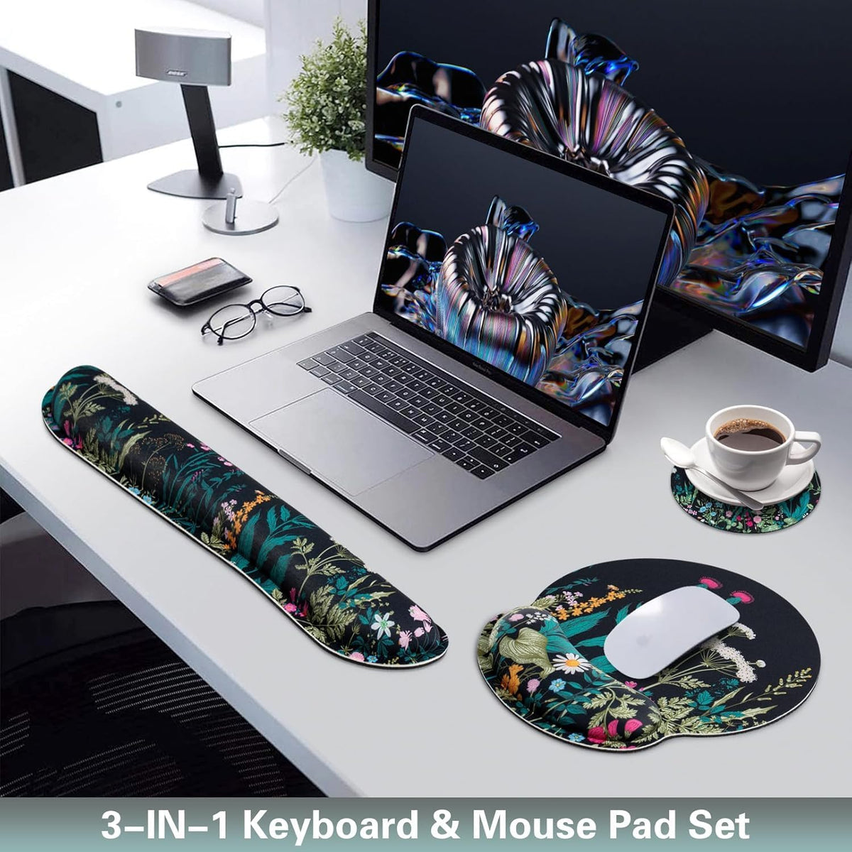 Mouse Pad with Wrist Rest Set, 3-in-1 Wrist Support Mouse Pad Set, Floral | Gaming MousePad with Anti-Skid Base,Ergonomic Mouse Pad,Memory Foam Keyboard Gel Wrists Rest