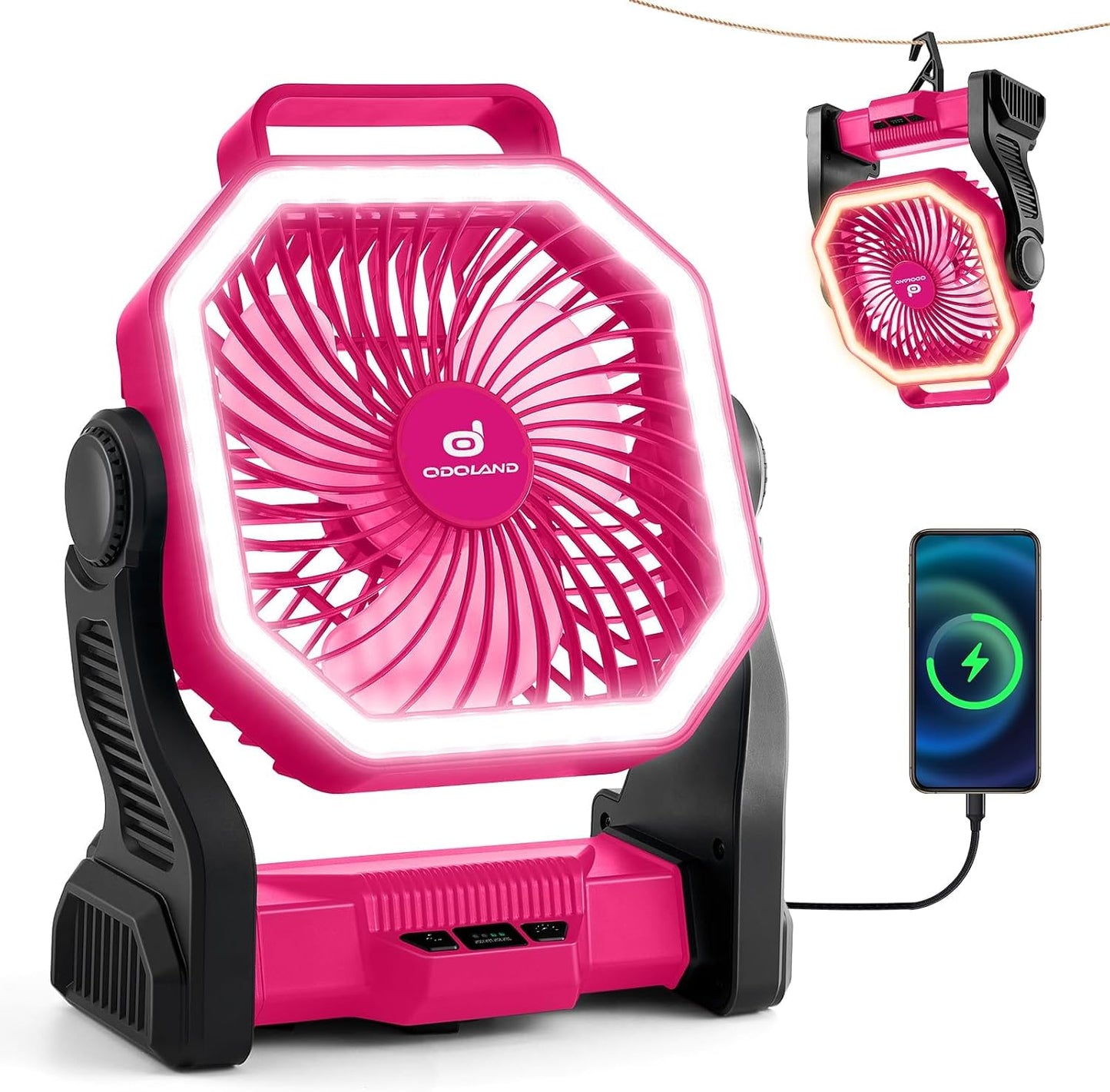 Odoland Portable Rechargeable Fan, 20000mAh Camping Fan with LED Lantern | 4-Speed Airflow & 3-Color Light Oscillating Fan with Hanging Hook for Tent Car Beach Hurricane Power Outage, Pink