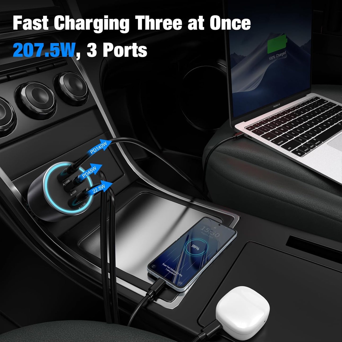 140W USB C Car Charger Super Fast Charging for iPhone 17/MacBook Pro/Laptop | for 17 Pro Max/Samsung S26/S25/MacBook Air/ThinkPad/HP Notebook/Chroemebook,PD3.1 140W/100W/PPS 45W,3.3ft Type C E-Mark Cord