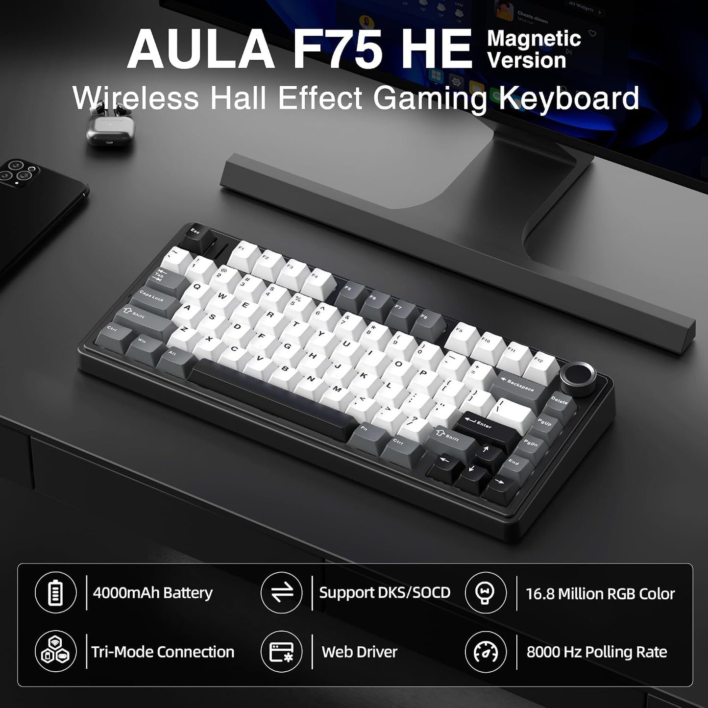 Aula F75 HE Wireless Gaming Keyboard Hall Effect Magnetic Switch Keyboard | 75% Gaming Keyboard with Rapid Trigger, 8K Polling, 0.01mm RT Adjustable Actuation, RGB Backlit, Hot-Swap Keyboard for Gamer
