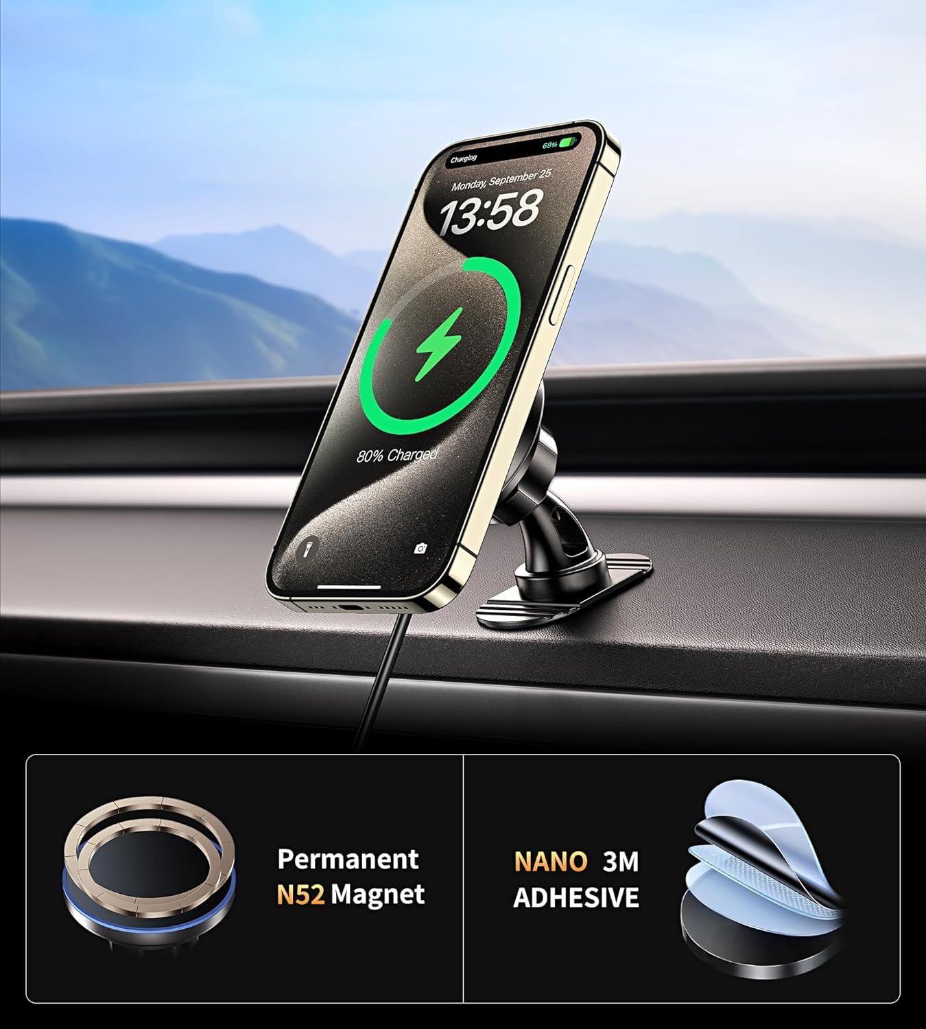 BHHB for iPhone 17 Magsafe Car Mount Charger, [2026 New] 15W 2in1 Magnetic Wireless Car Charger, fits for Magsafe Car Charger, Vent/Dashboard Phone Holder Mount for iPhone 17 16 15 14 13 12 Series