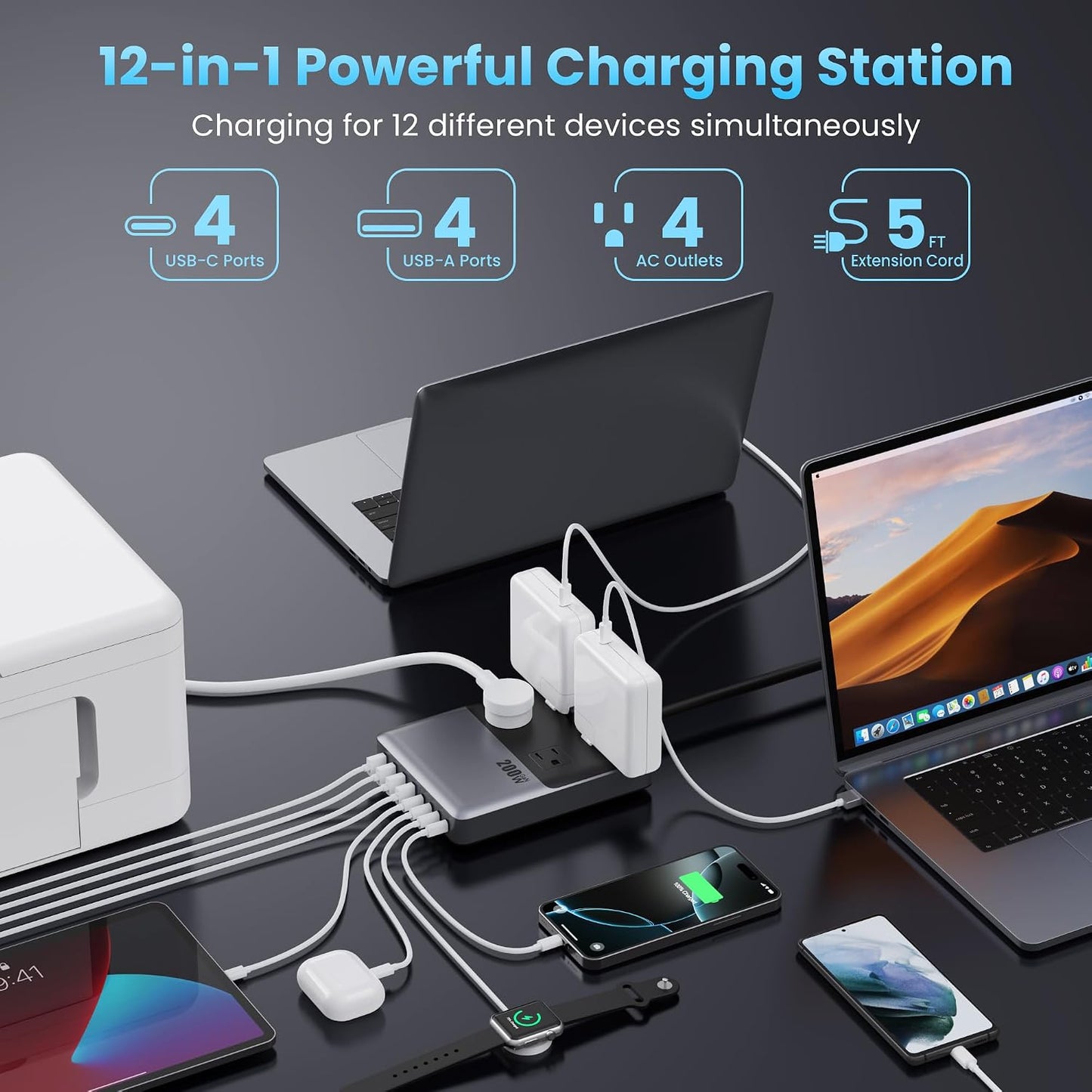12-in-1 Charging Station USB C Power Strip with 5ft Cord and Plug,200W GaN IV USB C Charger Block,4 AC Outlets,8 USB for MacBook,iPhone 17/16/15,Fast Charging Desktop Charger for Office,Home