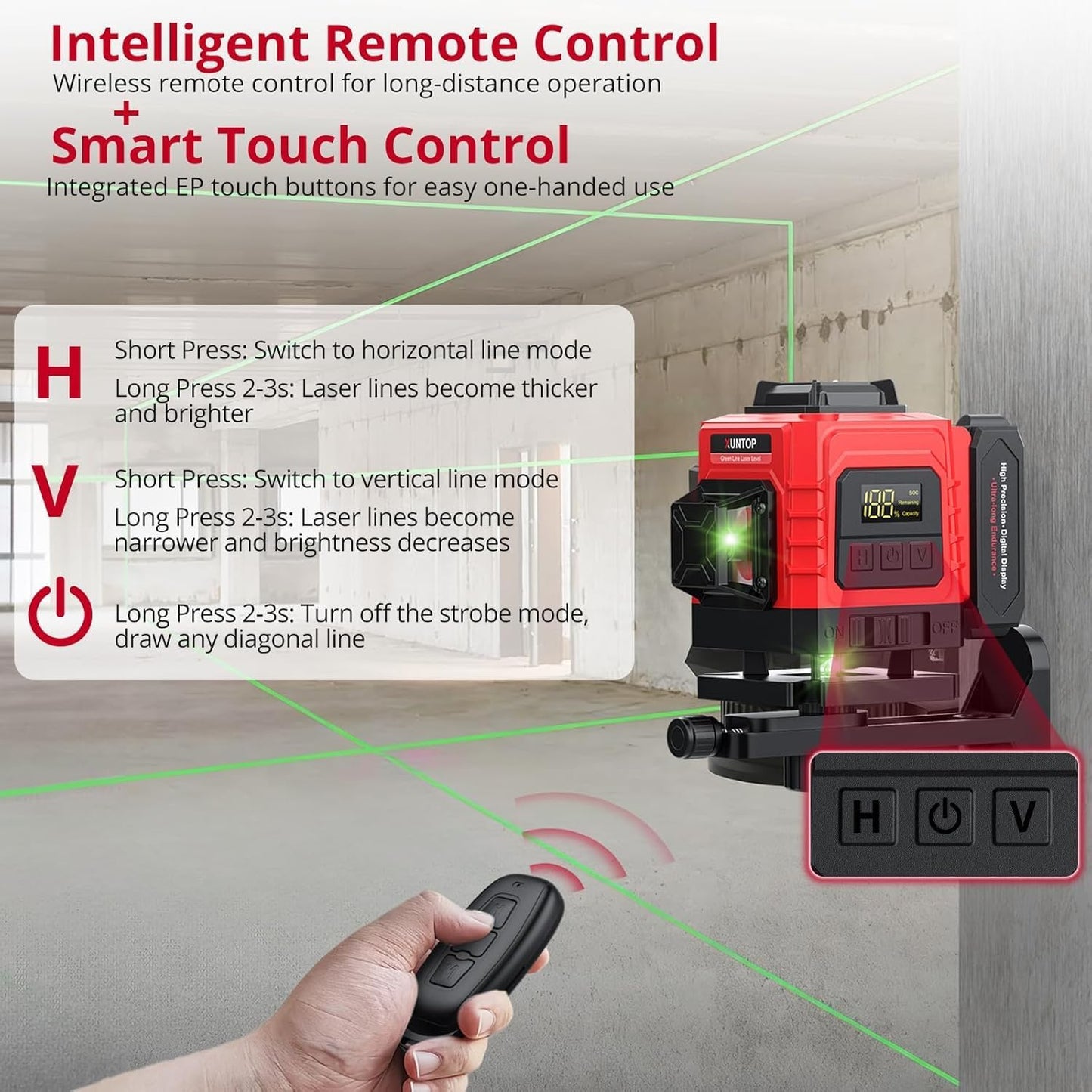 12 Line Laser Level 30M/98Ft Self Leveling Laser Level with Remote Control & Triangle Bracket Green Laser Measuring Tool for Picture Hanging Floor Construction(Class 2 Laser, <1mW Power Output)