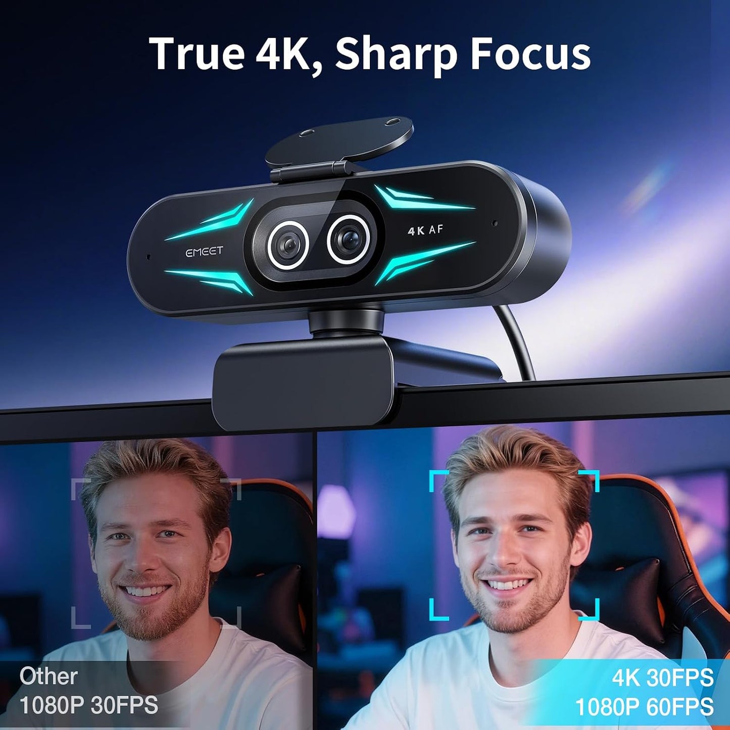 EMEET C60E Dual-Camera 4K Webcam for Streaming, Wide-Angle & Telephoto | Max 11X Hybrid Zoom & PDAF Autofocus, Remote Control, RGB Lighting, 2 Mics, Ideal for Livestreaming and Online Meeting