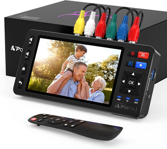 Portta VD22P VHS to Digital Converter with 5" HD Screen, Video Capture Recorder Convert to MP4 Compatible with VHS, VCR, DVR, DVD, Hi8, Mini DV, Gaming Consoles (VCR/VHS/DVD Player/Camcorder Required)