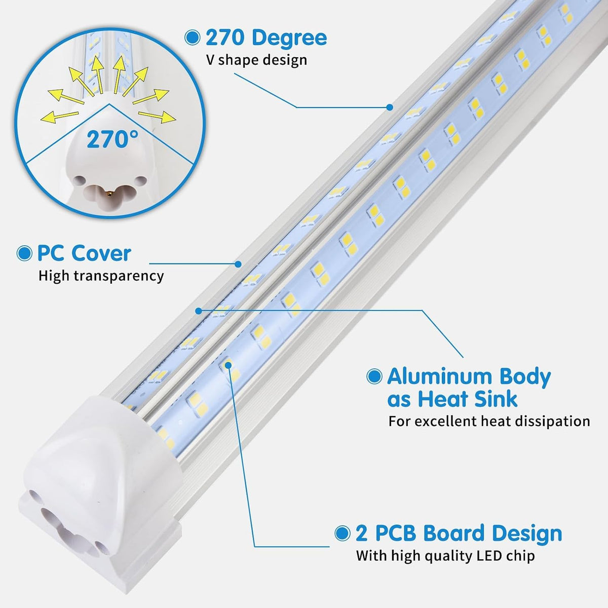 AQIQUUT Led Shop Light, Led Garage Light,2FT 25W 6500K Daylight 3200LM Linkable Clear Cover Integrated V-Shape for Shop Under Cabinet Office General Lighting,Cool White(4-Pack)