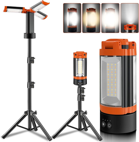 Rechargeable 12000mAh Camping Light with Adjustable Stand | Cordless Work Light with 3 LED Lamp Heads, 2200 Lumens Dimmable Magnetic Emergency Flashlight with Detachable Tripod, Orange