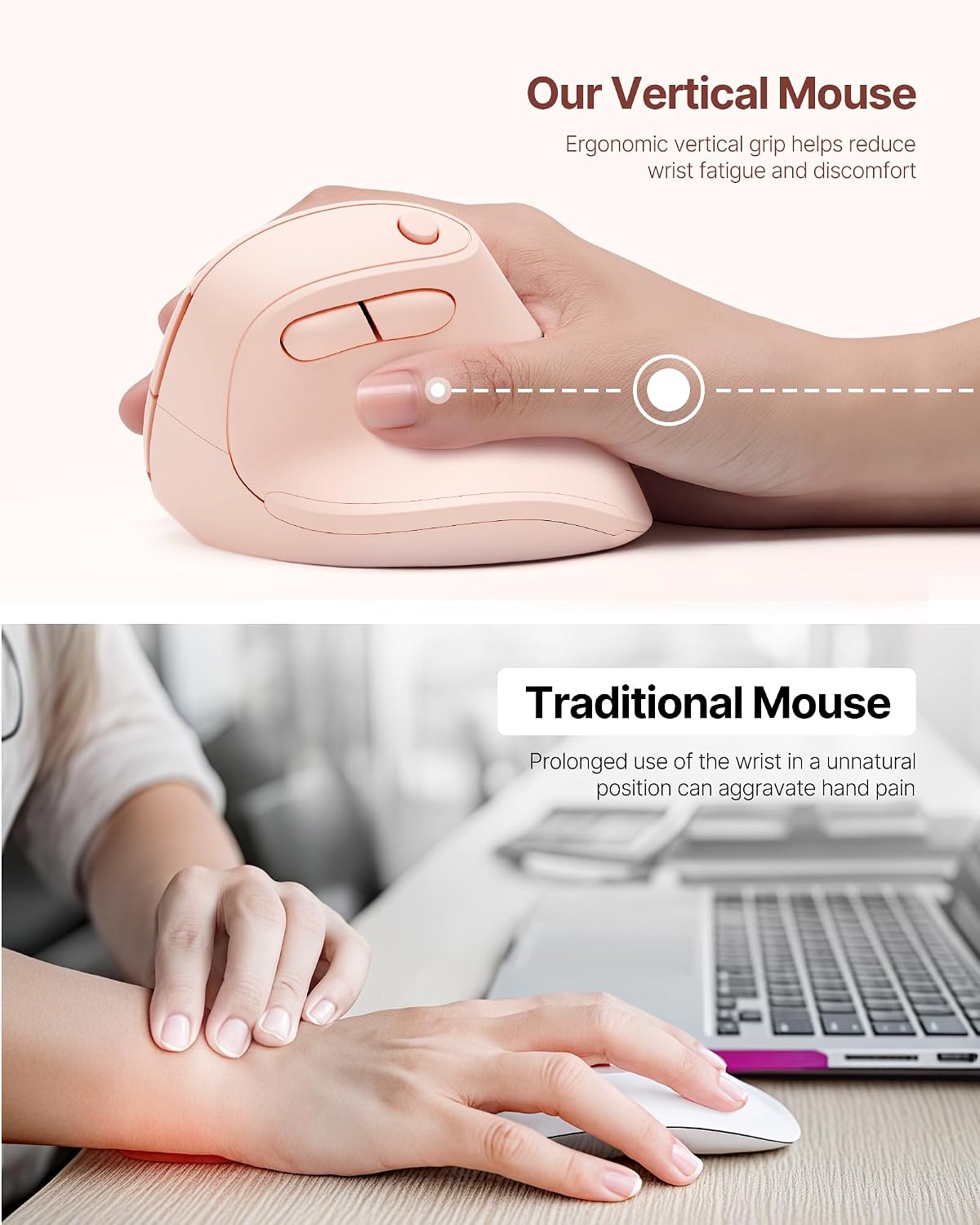 Ergonomic Mouse, USB+Bluetooth Dual Connection, Wireless Vertical Mouse for Reducing Wrist Pain, 1000/1600/2400 DPI, Ergo Mouse with Quiet Click for Windows Mac OS PC Computer Laptop, Pink