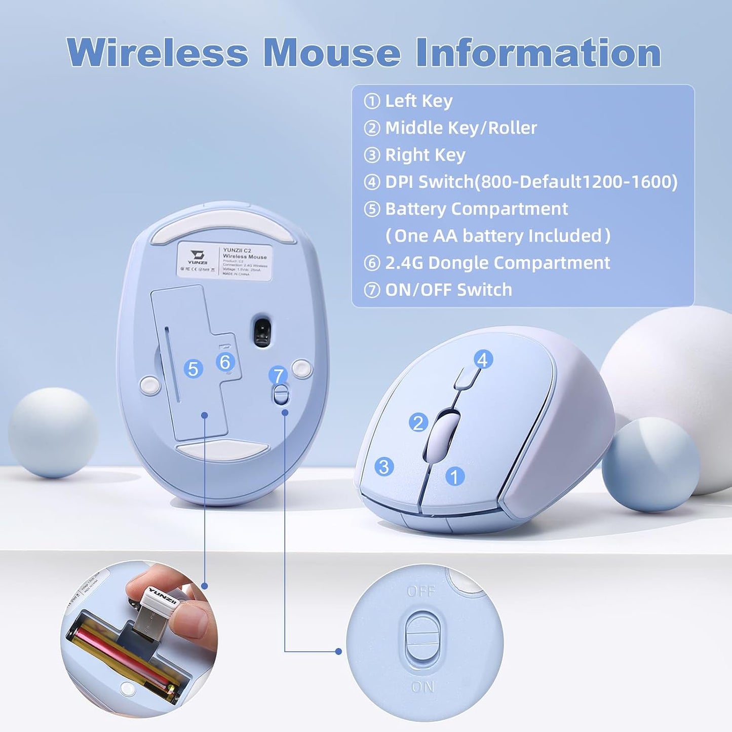 YUNZII C2 Silicone Wireless Mouse 1600 DPI Optical 2.4GHz (Blue) | 2.4GHz Connection, Noiseless Computer Mice, Quiet Clicks, 3-Level DPI, Up to 1600, Optical Tracking, for Laptop/PC/Mac