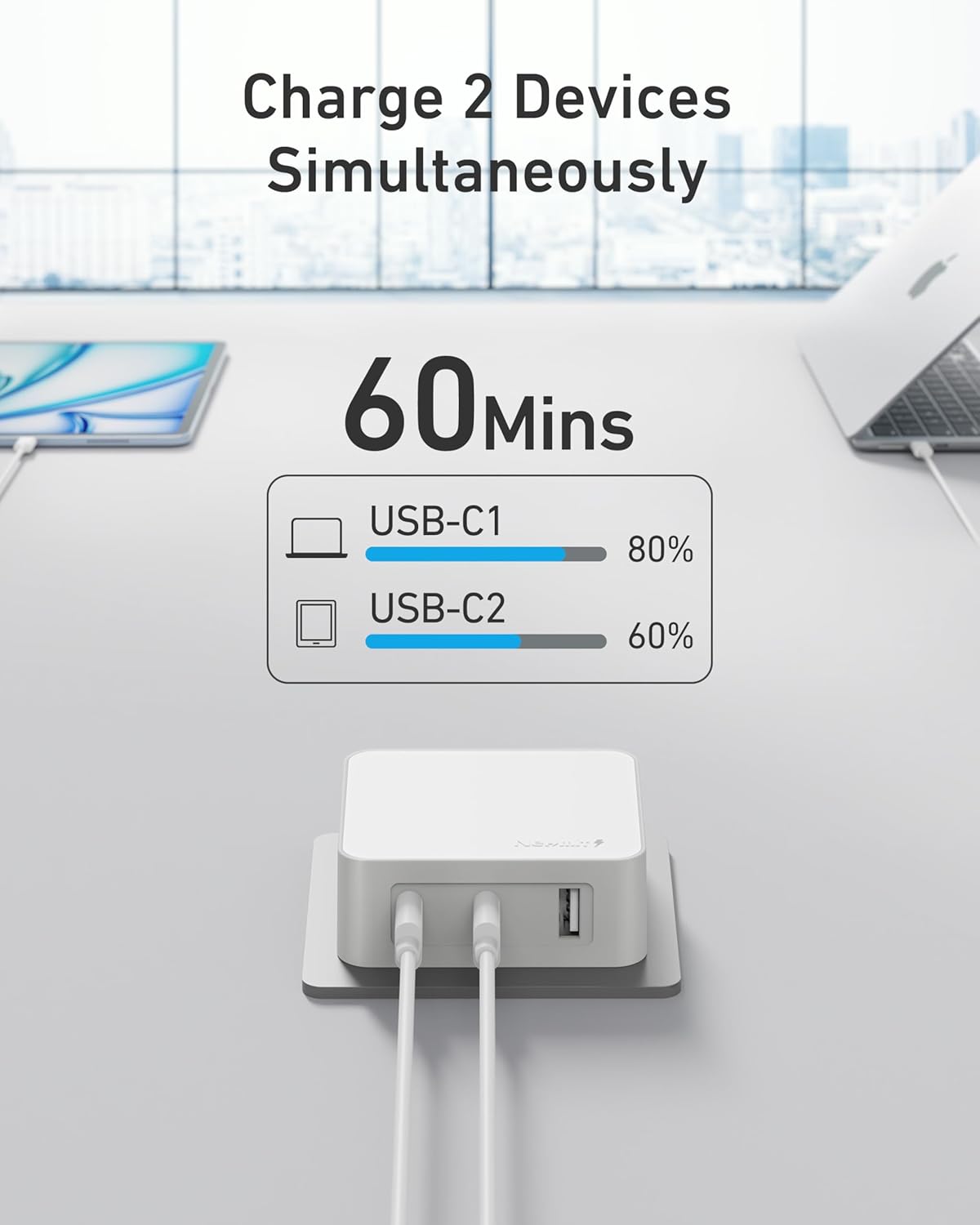 Nekmit 100W Flat USB C Charger Block, 3-Port GaN Fast Wall Charger(2*USB-C & 1*USB-A), USB C Wall Plug with Fixed Prongs for iPhone 17/16, MacBook Pro/Air, iPad, Galaxy and More