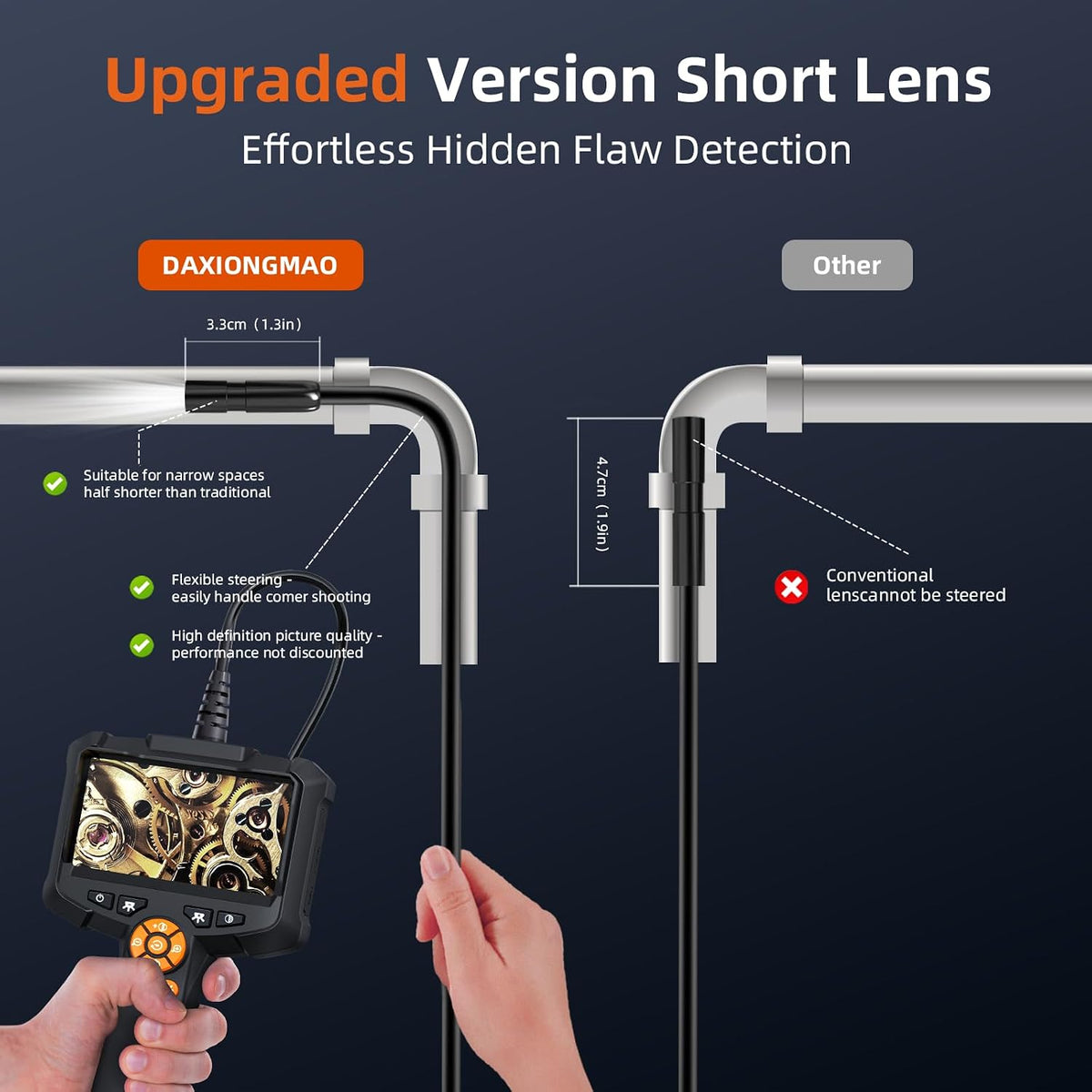 Daxiongmao Borescope 1080P Industrial Endoscope Inspection Camera | Mechanical Tool for Automotive, HVAC, Plumbing, 4.3" IPS Screen, IP67 Waterproof & 16.5ft Semi-Rigid Flexible Snake Probe