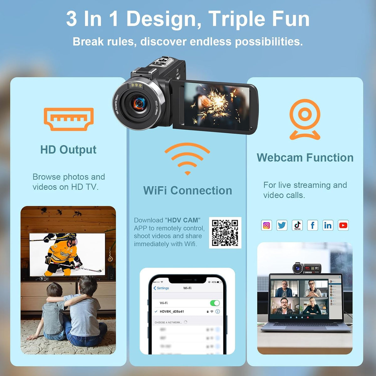 8K 64MP Video Camera Camcorder 18X Zoom WiFi IR Night Vision Camcorders | 3.0'' Touch Screen Webcam Vlogging Camera for YouTube with 64GB SD Card, 2 Batteries, Remote Control, Mic and Stabilizer