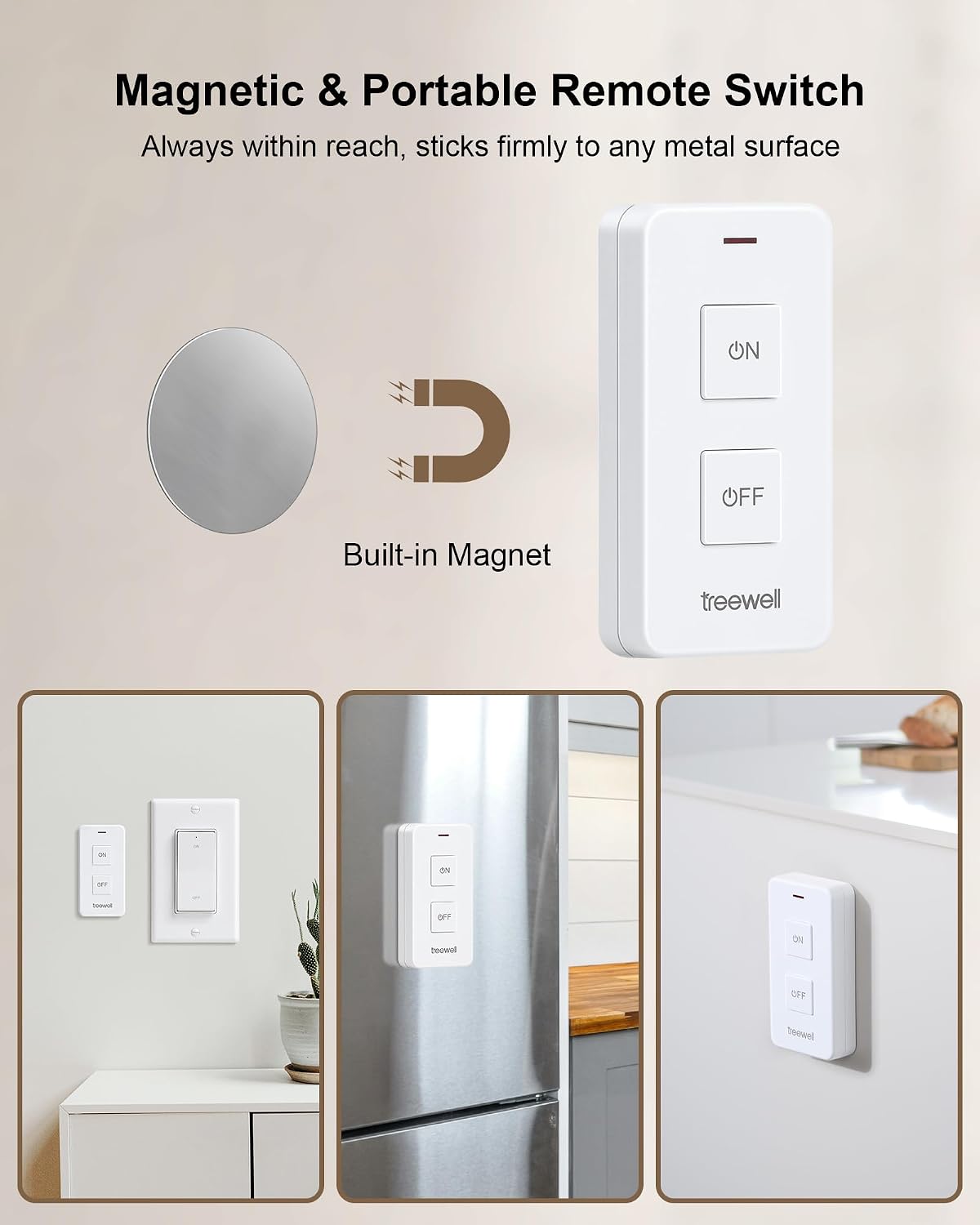 Wireless Remote Control Outlet with Portable Magnetic Switch | 200FT Long Range, Mini Round Plug, 15A/1875W, for Lamps/Lights/Household Appliances, FCC listed, Pre-Programmed