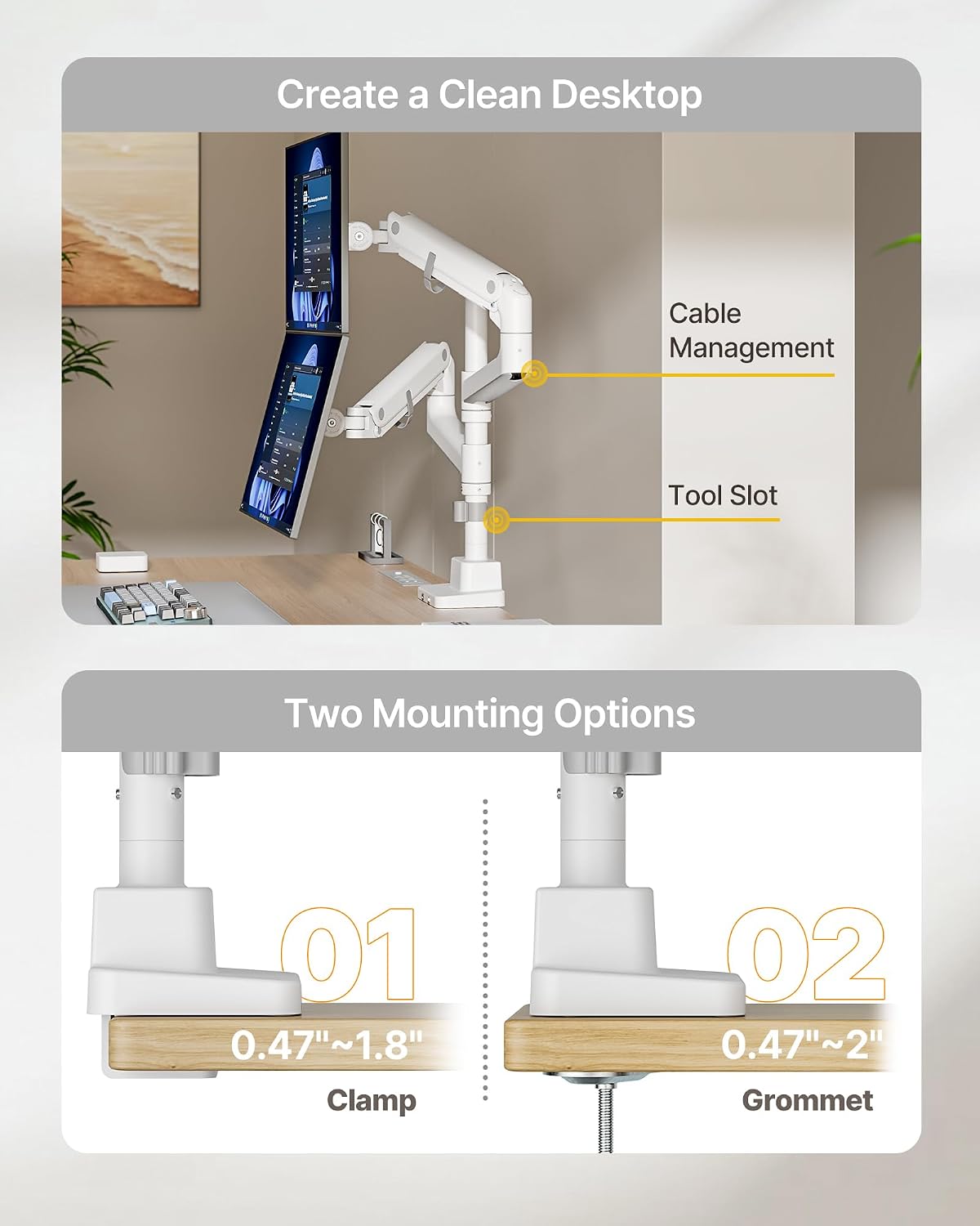 monTEK Dual Monitor Arm, Vertical Stackable 57", Heavy Duty with USB White