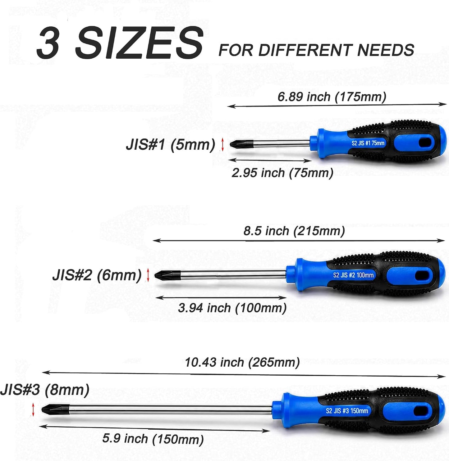 JIS Screwdriver Set 3PCS (#1#2#3), Long Reach Magnetic Precision Screwdrivers for Japanese Screws, S2 Steel, JIS Standard, for Motorcycle, Bicycle & Auto Repair