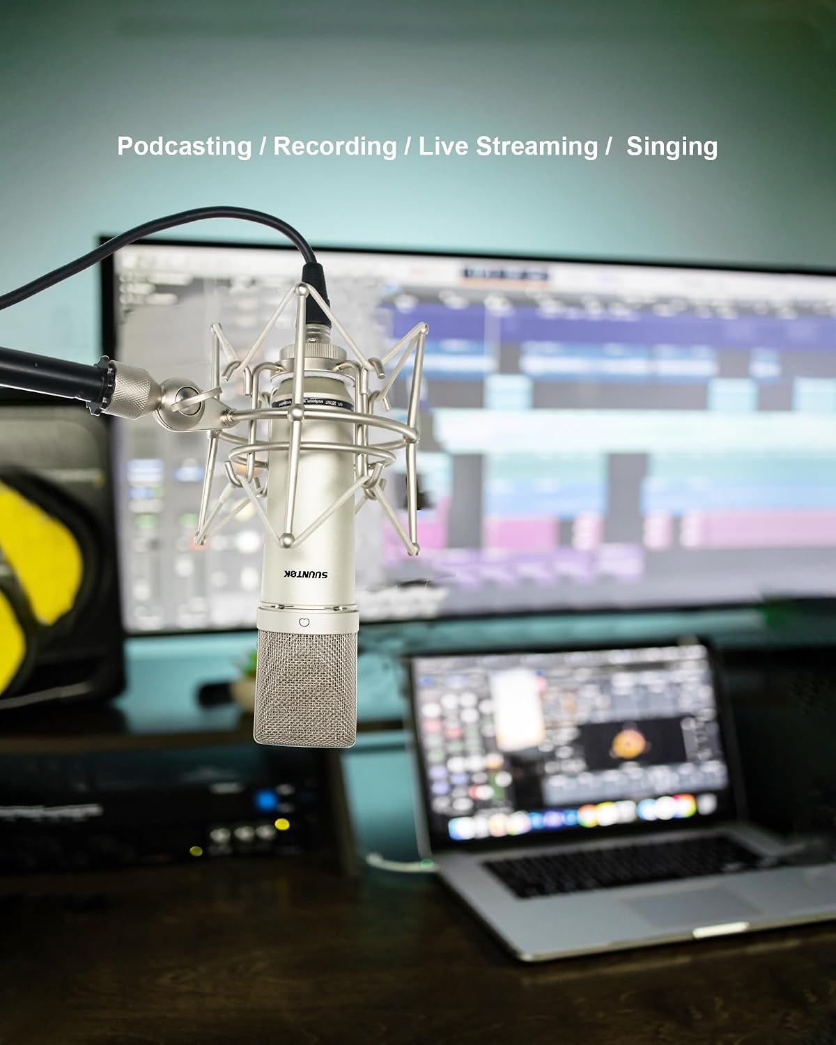 XLR Microphone, Professional Condenser Microphone with 34mm Large Diaphragm, Cardioid Studio Recording Mic Computer Gaming PC TM87KB Mic Kit for Singing, Podcasting, YouTube (Silver)