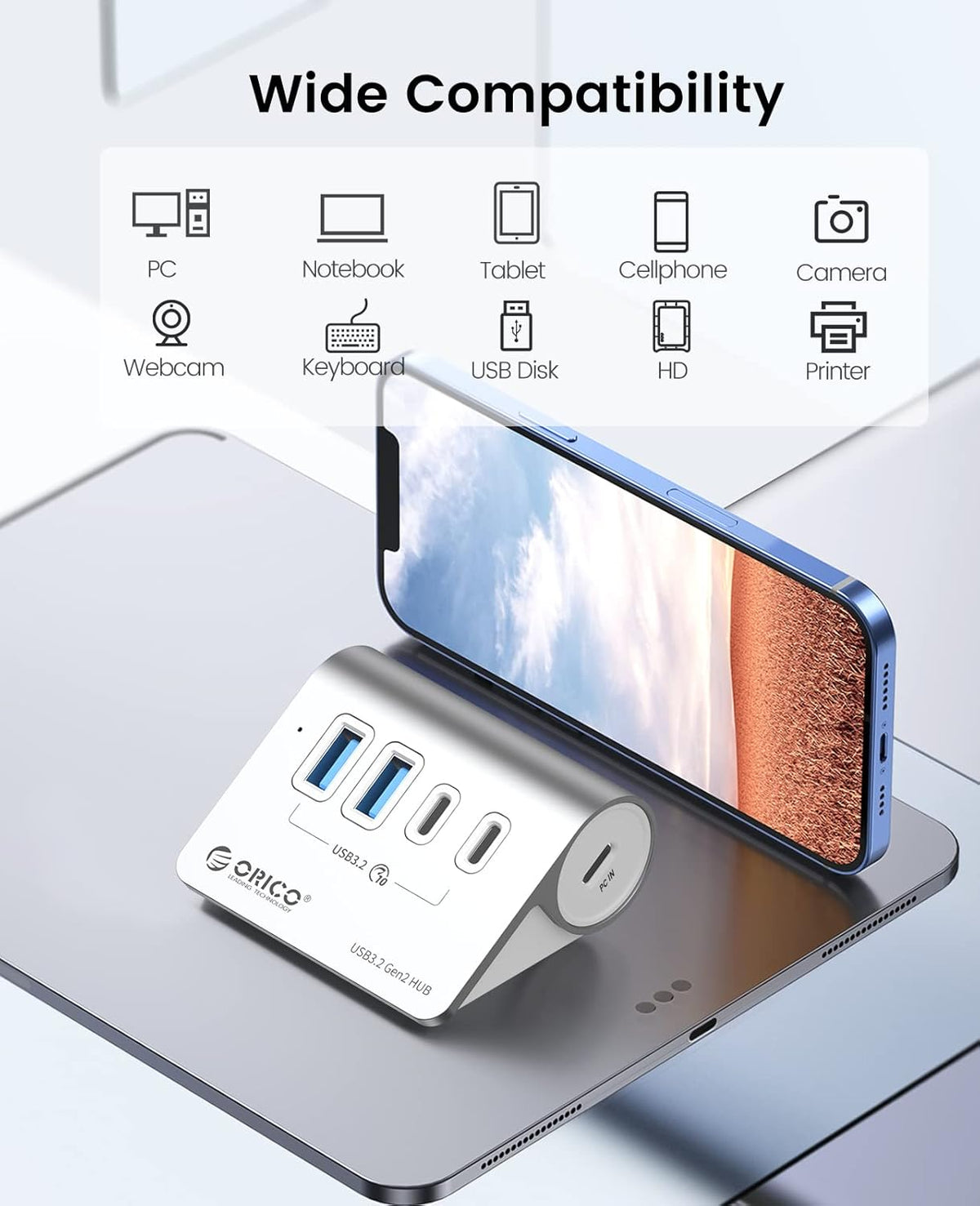 ORICO 4-Port Desktop USB 3.2 Hub, 10Gbps Aluminium USB Splitter for Laptop