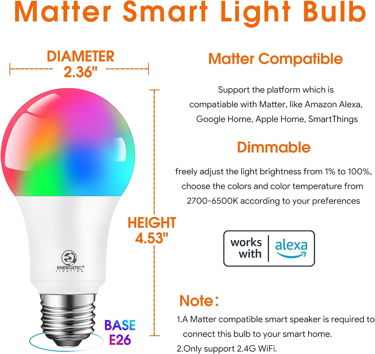 Energetic Light Bulbs Work with Alexa/Apple Home/Google Home/SmartThings, Matter Smart A19 LED Light Bulb, E26 RGB Smart Bulbs, 60W Equivalent, 800LM, 2.4 Ghz WiFi Only, Smart Speaker Required, 4 Pack