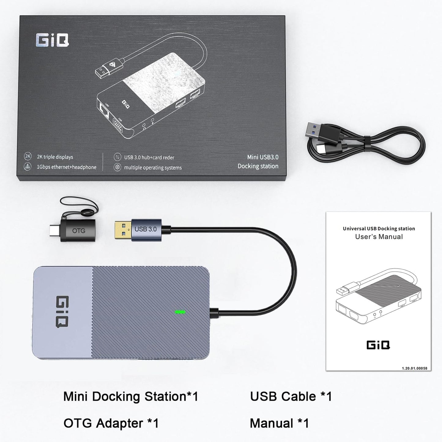 USB Docking Station GIQ USB C HUB USB 3.0 to Dual HDMI VGA Adapter Triple Display USB C Laptop Docking Station Dual Monitor HDMI Splitter Extender Compatible with MacBook M1 M2 M3 M4 M5 USB Dock