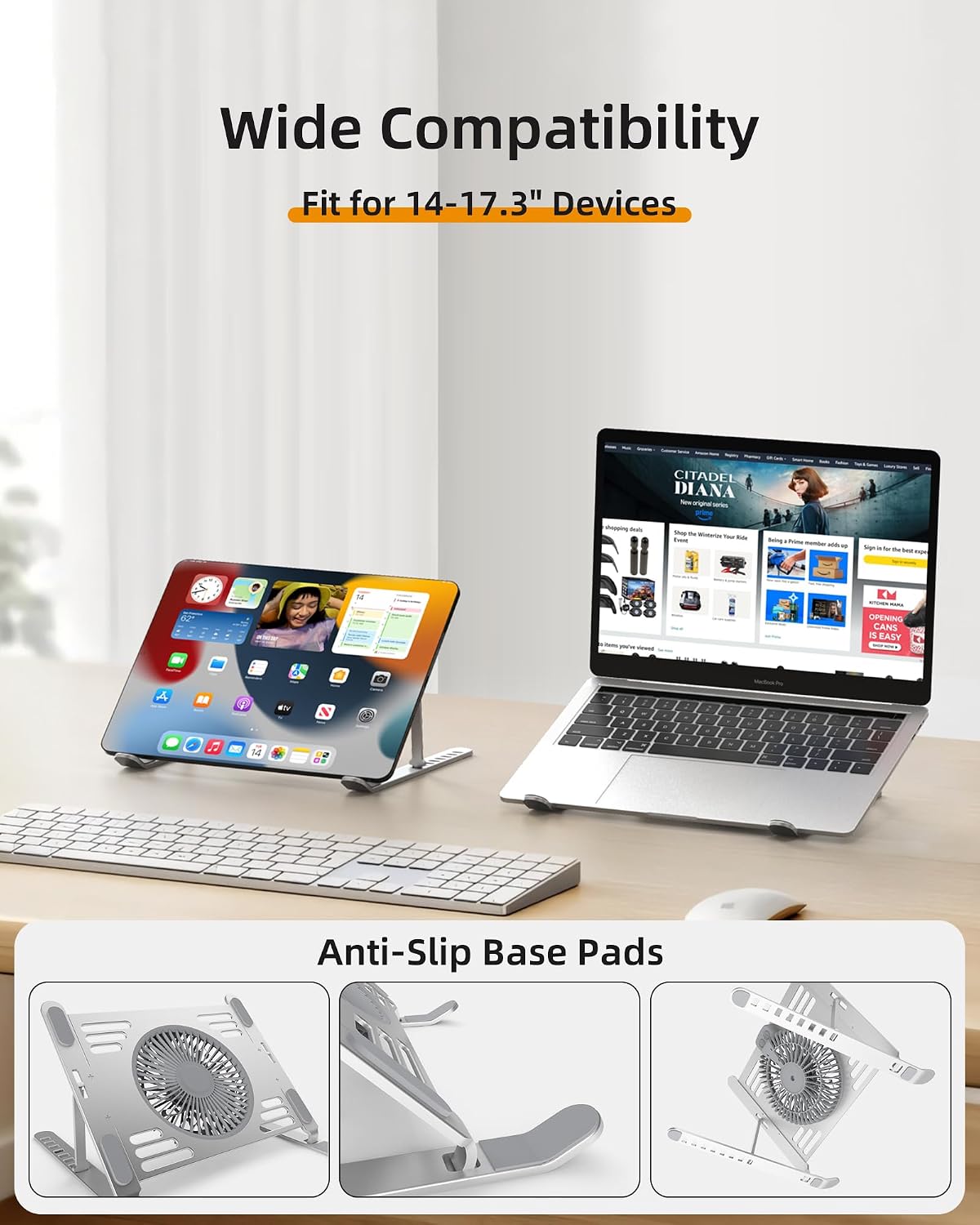 SHUWEI Portable Laptop Cooling Stand, Foldable & Adjustable Aluminum Stand with 3 Speed Powerful Quiet Fans, Ultra-Lightweight Ergonomic Cooling Pad for 17.3" Laptops (Silver, for 17.3" Laptop)