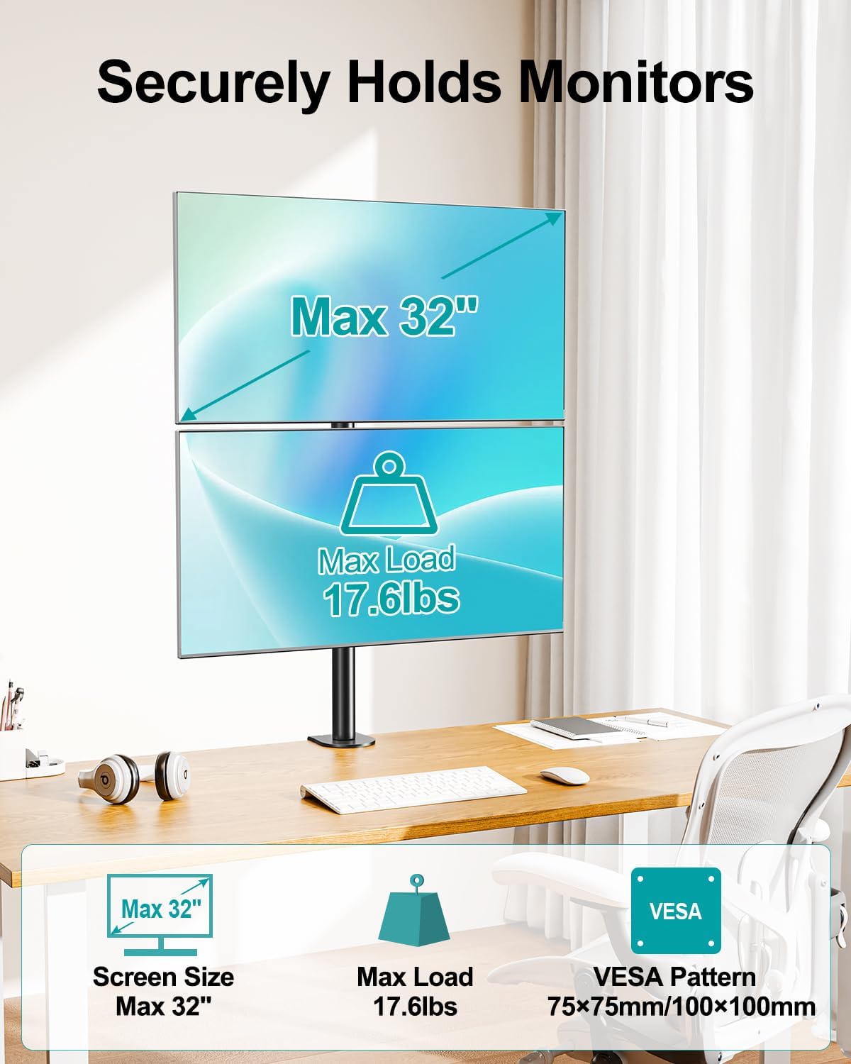 Stacked Monitor Mount for Max 32" Screens, Vertical Dual Monitor Stand