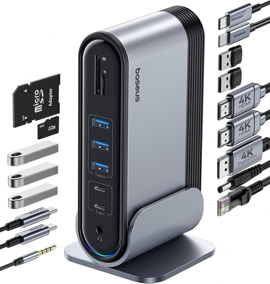 Baseus 17-in-1 Laptop Docking Station 3 Monitors with 4K HDMI+DP, USB C Docking Station with 7 USB, 1000Mbps Ethernet, 100W PD, Card Readers Compatible with Acer/HP/Lenovo/Mac/Dell