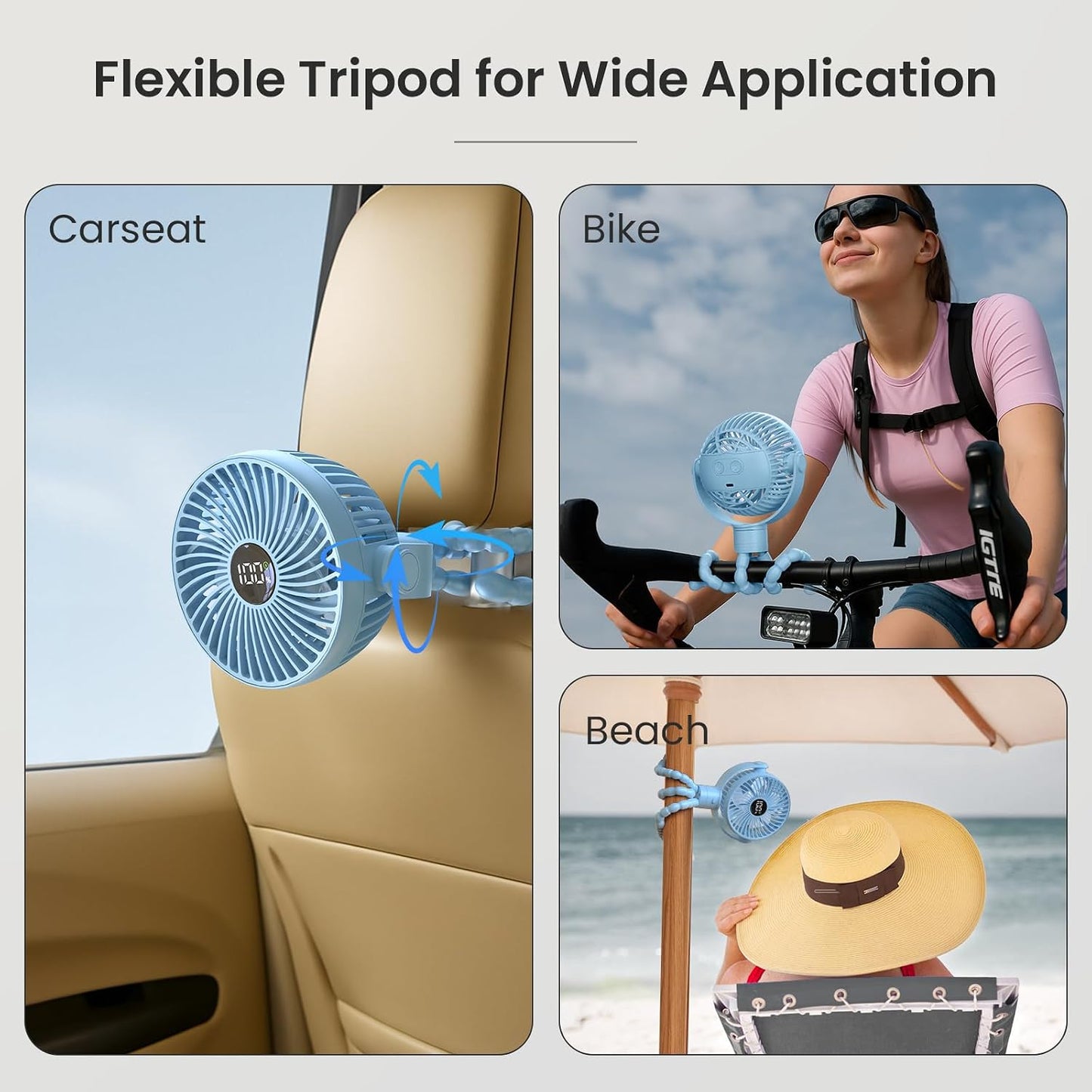 Coohea Portable Stroller Fan, 25H Long-lasting, 4 Speed, Night Light, Blue | 4000mAh Rechargeable Battery Powered Fan, Head Detachable 360° Rotate Mini Fan, Easy to Wrap for Car Seat Crib Bike Treadmill