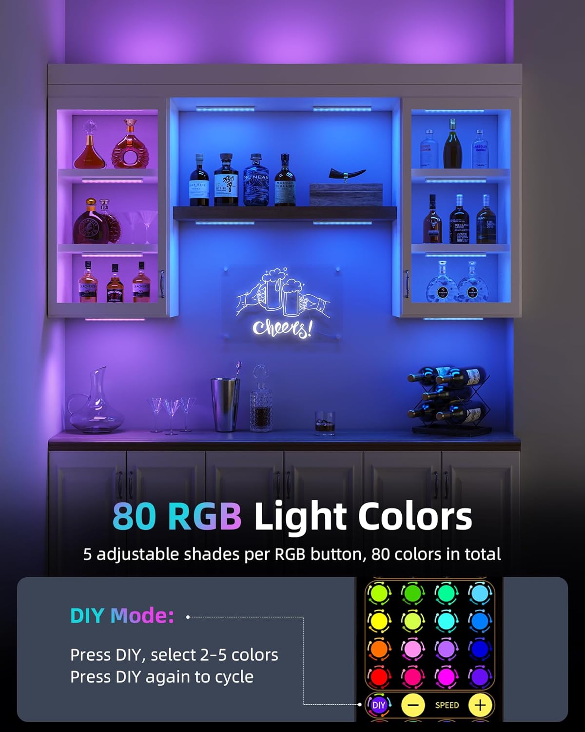 EZVALO 80RGB Color Changing Under Cabinet Lighting Wireless, 1800mAh Rechargeable Led Strip Shelf Lights, Timer & Dimmable Bar Light with Remote for Kitchen, Bedroom, Display Case, 6Pack