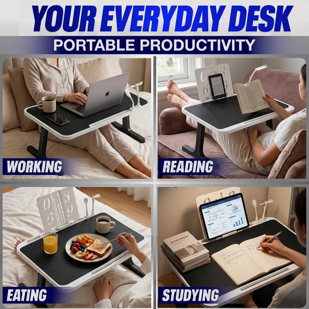 USB-C LED Light Foldable Lap Desk with LED Lamp, Cooling Fan & Book Stand — Portable Bed Laptop Table with Side Drawer, Phone & Tablet Holder, Fast Charging Port