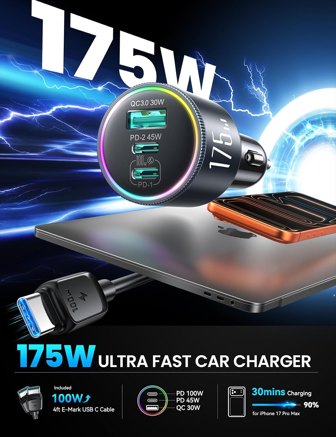 JOYROOM 175W Car Charger USB C Fast Charge, 3-Port Super Fast Car Charger | [GaN] PD100W+PD45W+QC30W, Car Cigarette Lighter USB Charger with 100W USB-C Cable for iPhone, Samsung, Pixel, MacBook, iPad