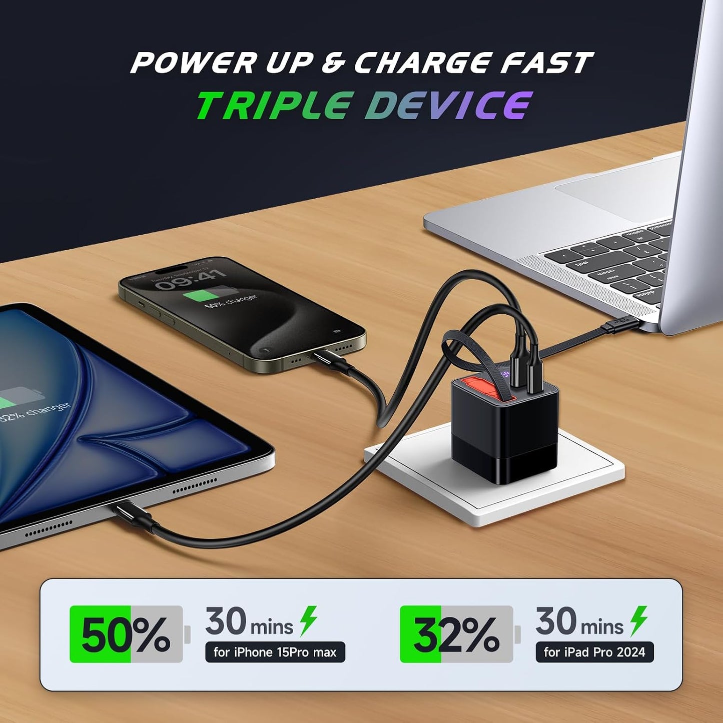 65W Retractable Wall Charger, USB C Charger Block Built-in Type C Cable | Dual Port, PD PPS Fast Charging GaN Power Adapter Travel Charger for MacBook,Lenovo IdeaPad,iPhone 16 Pro Max,Galaxy S24
