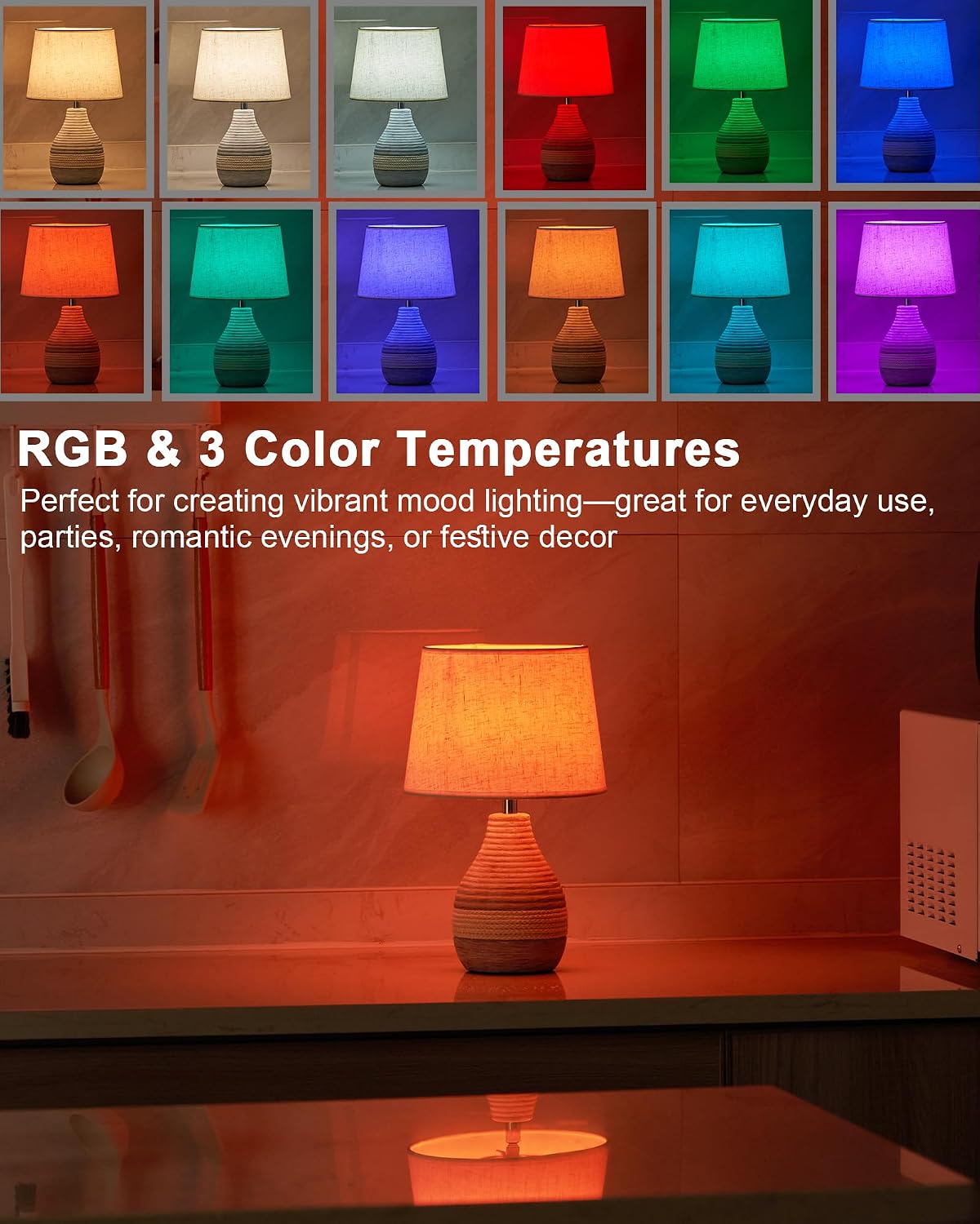 13" H Small Rechargeable Cordless Ceramic Table Lamp, Coastal | Remote Control RGB, Warm White Light, Timer, Dimmer, Battery Operated Lamp for Bedroom, Living Room, Kitchen, Linen Shade