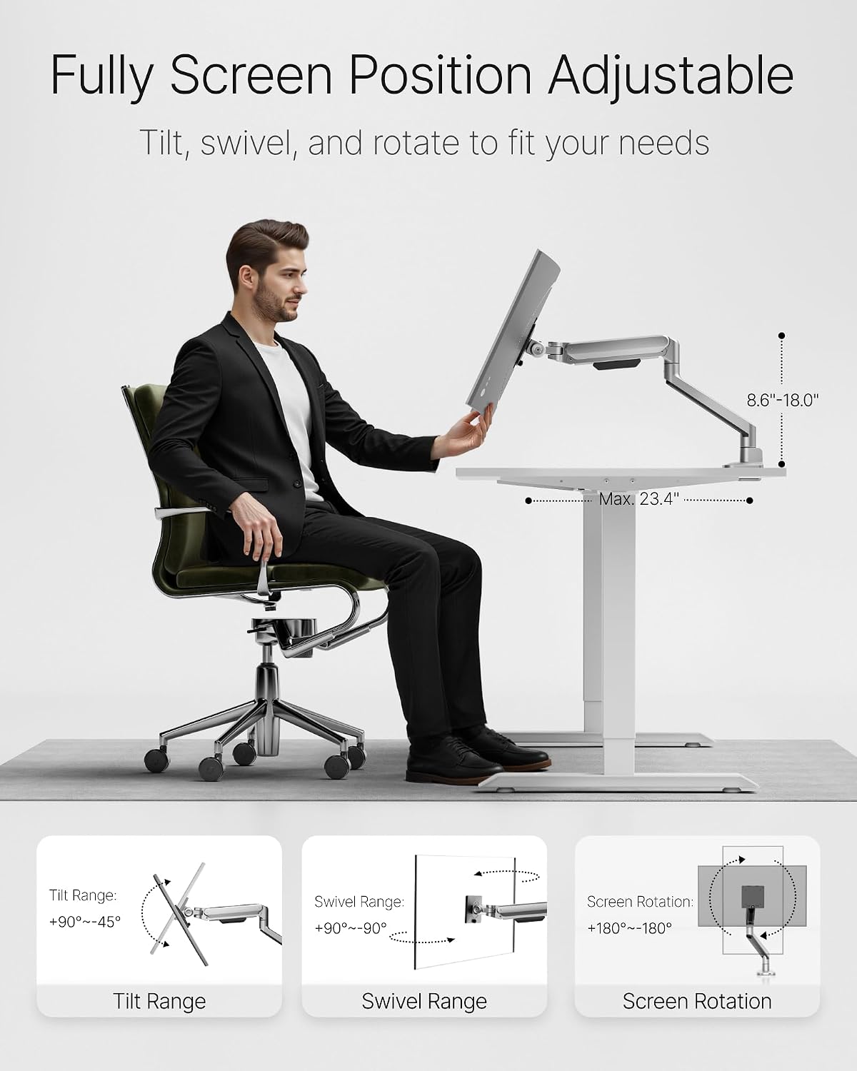 monTEK Deluxe Aluminum Monitor Arm with USB A/C for 17 to 40 Inch Screens