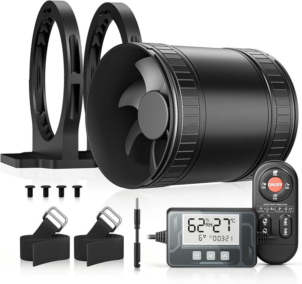 4 Inch Inline Duct Fan Kit with Timer Humidity Sensor Remote Control | Smart Humidity Sensor,6 Speeds,5000 RPM Airflow,24 dB Low Noise,Easy Installation in Grow Tents Basements