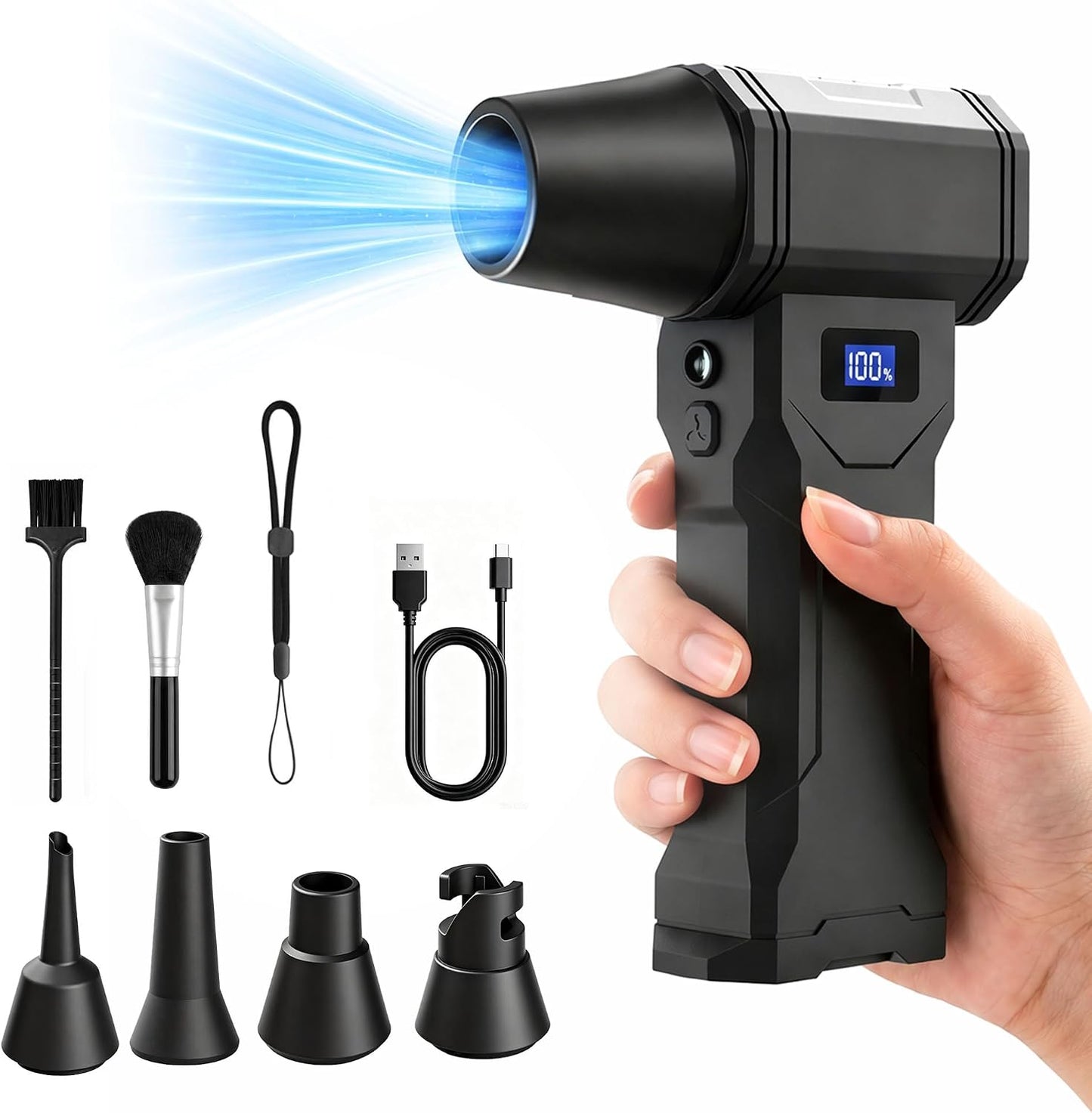 Compressed Air Duster, 130,000 RPM Electric Air Duster with Brushless Motor, 4-Speed Rechargeable Cordless Blower, Digital Display, LED Light and 5 Nozzles for Computer, Keyboard and Car