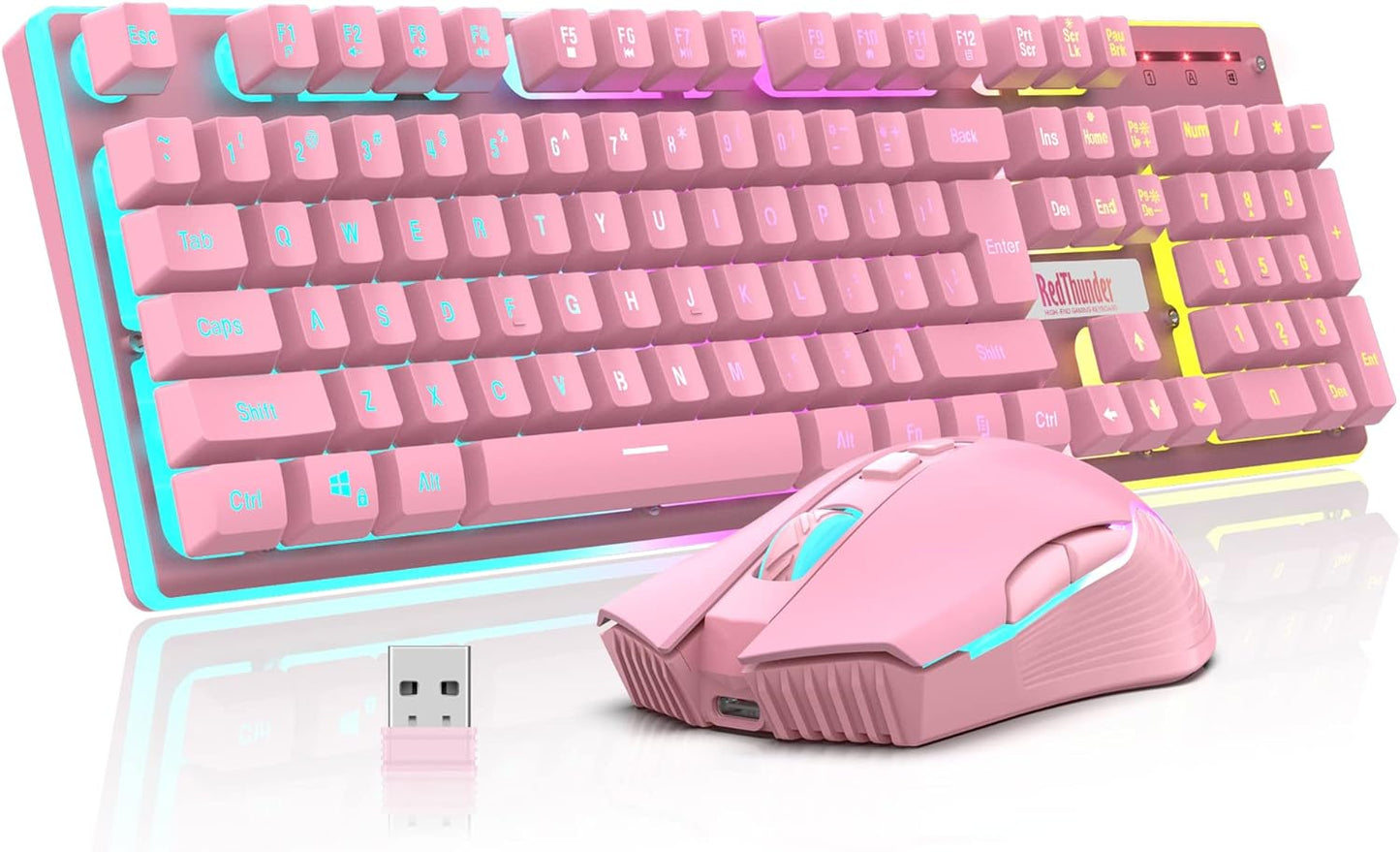 RedThunder K10 Wireless Gaming Keyboard and Mouse Combo, RGB Backlit Rechargeable 3800mAh Battery, Mechanical Feel Anti-ghosting Keyboard + 7D 3200DPI Mice for PC Gamer(White Pudding)