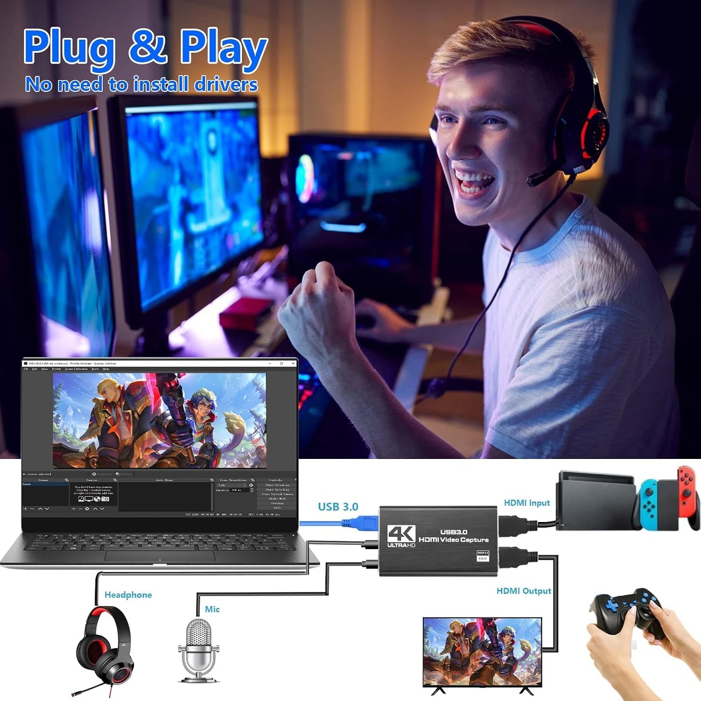 Capture Card Nintendo Switch, Video Capture Card, Game Capture Cards | 4K 1080P 60FPS, HDMI to USB 3.0 Capture Cards for Streaming Work with PS4/PC/OBS/Camera