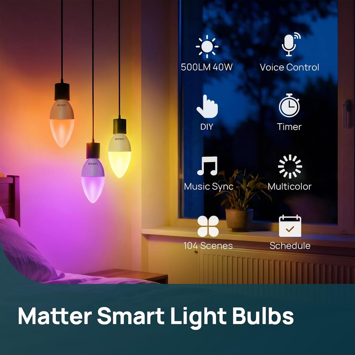 Linkind Matter E12 Led Bulb, Color Changing Smart Light Bulbs, 2 Pack