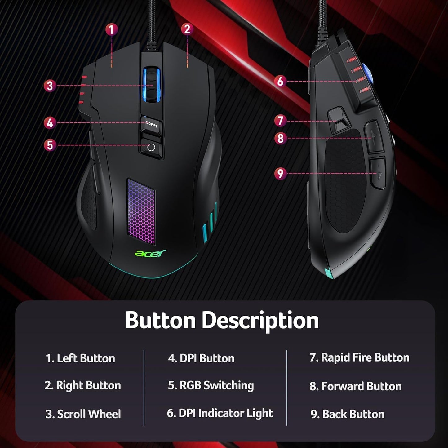 Acer Wired Gaming Mouse, 12,800 DPI RGB Ergonomic Computer Mouse for PC | Optical Sensor, 12 Backlit Modes, 8 Programmable Buttons, Software for DIY Keybinds, Rapid Fire, USB Mouse for Laptop