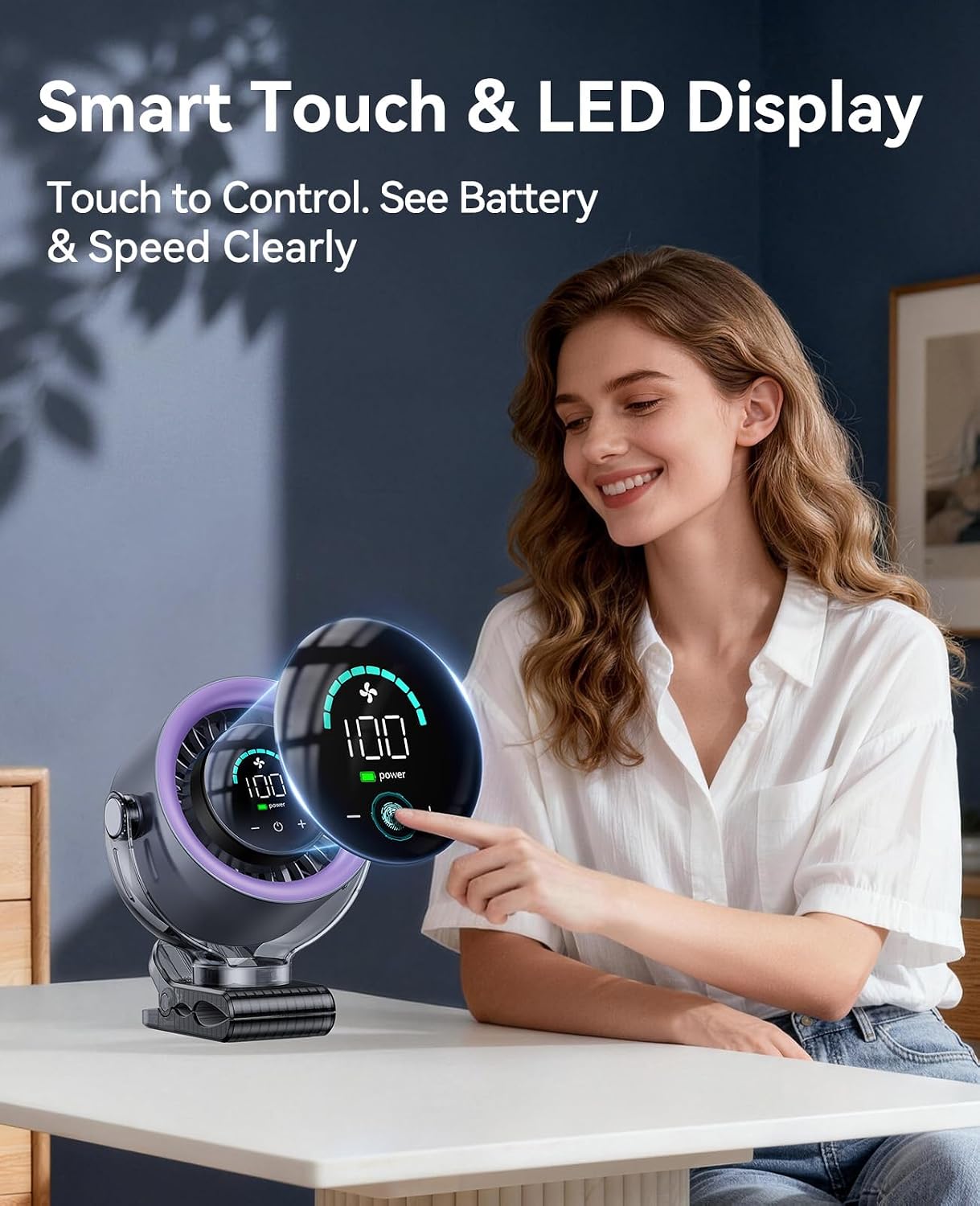 KIMMOO 4000mAh Rechargeable Portable Clip on Fan-100-Speed Touch Control, LED Display, 360° Rotate Quiet Turbo Desk Fan, Small Battery Operated USB Fan for Stroller Bed Travel Camping Golf Gym (Grey)