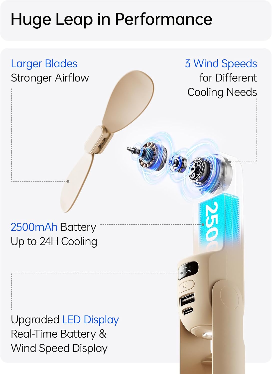 JISULIFE Portable Handheld Fan, 3 In 1-Fan, Power Bank, Flashlight, Brown | Mini Cooling Essential for Outdoor, Small, On-the-Go Pocket Hand Design, 24 Hours, Auto Shut-Off Safety Soft Blade