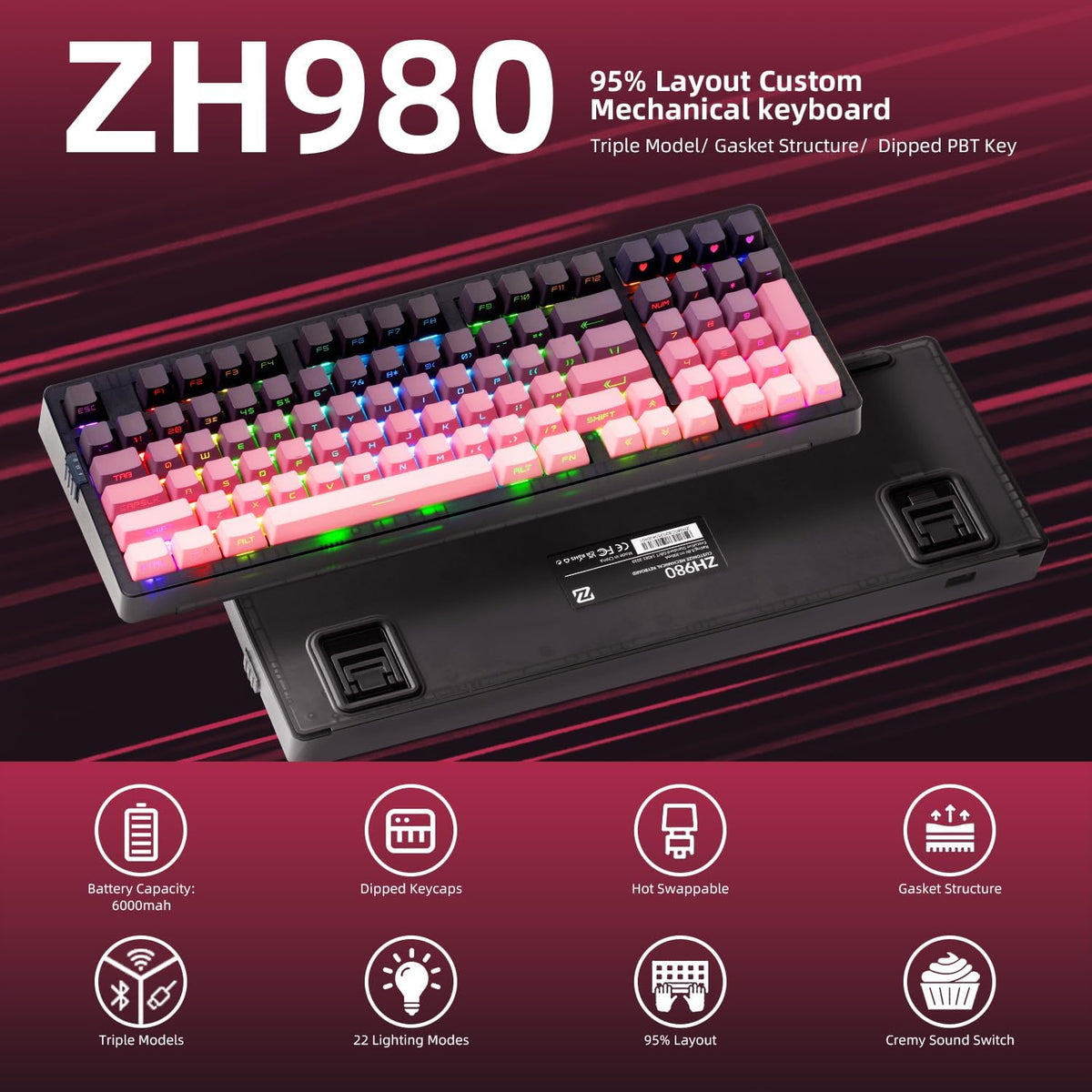ZORNHER ZH980 Mechanical Keyboard Wireless,95% Pink Creamy Keyboard with Number Pad,Gaming Keyboard with Number Pad,Lighted Up PBT Keycaps,Loud Keyboard Clicky Blue Switches,Full Size