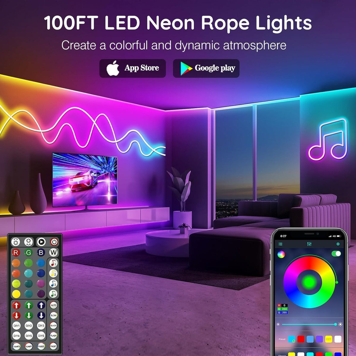 100Ft Neon Rope Lights,Flexible Led Rope Lights Control with App/Remote,Multiple Modes Rope Lights,IP65 Outdoor RGB Led Neon Lights Waterproof,Music Sync Gaming Led Neon Light Strip for Bedroom Decor
