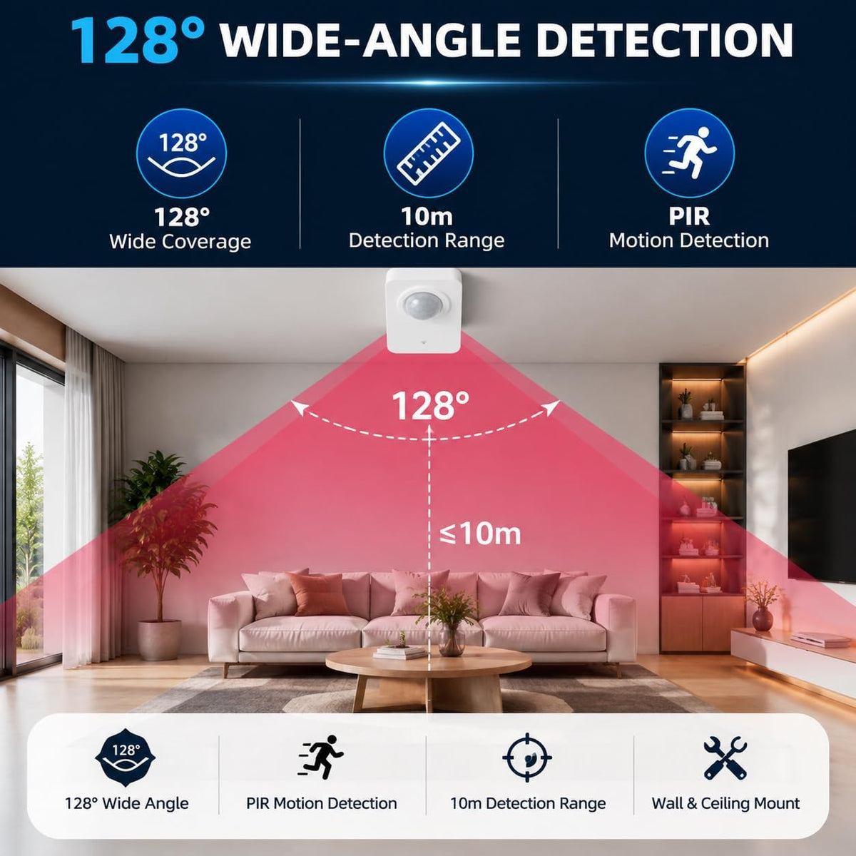 WiFi Motion Sensor for Home Security, Smart PIR Motion Detector with Free App Alerts, Smart Life Remote Monitoring, 2.4GHz Wireless Sensor, No Hub Required for Smart Home Automation