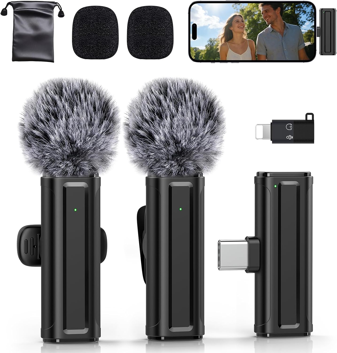 Wireless Mini Microphone for iPhone, iPad, Android, 2 Pack Lavalier Mic with 360° Rotatable Clip, Plug and Play Noise Reduction USB-C Mic for Video Recording YouTube TikTok Podcast Content Creators
